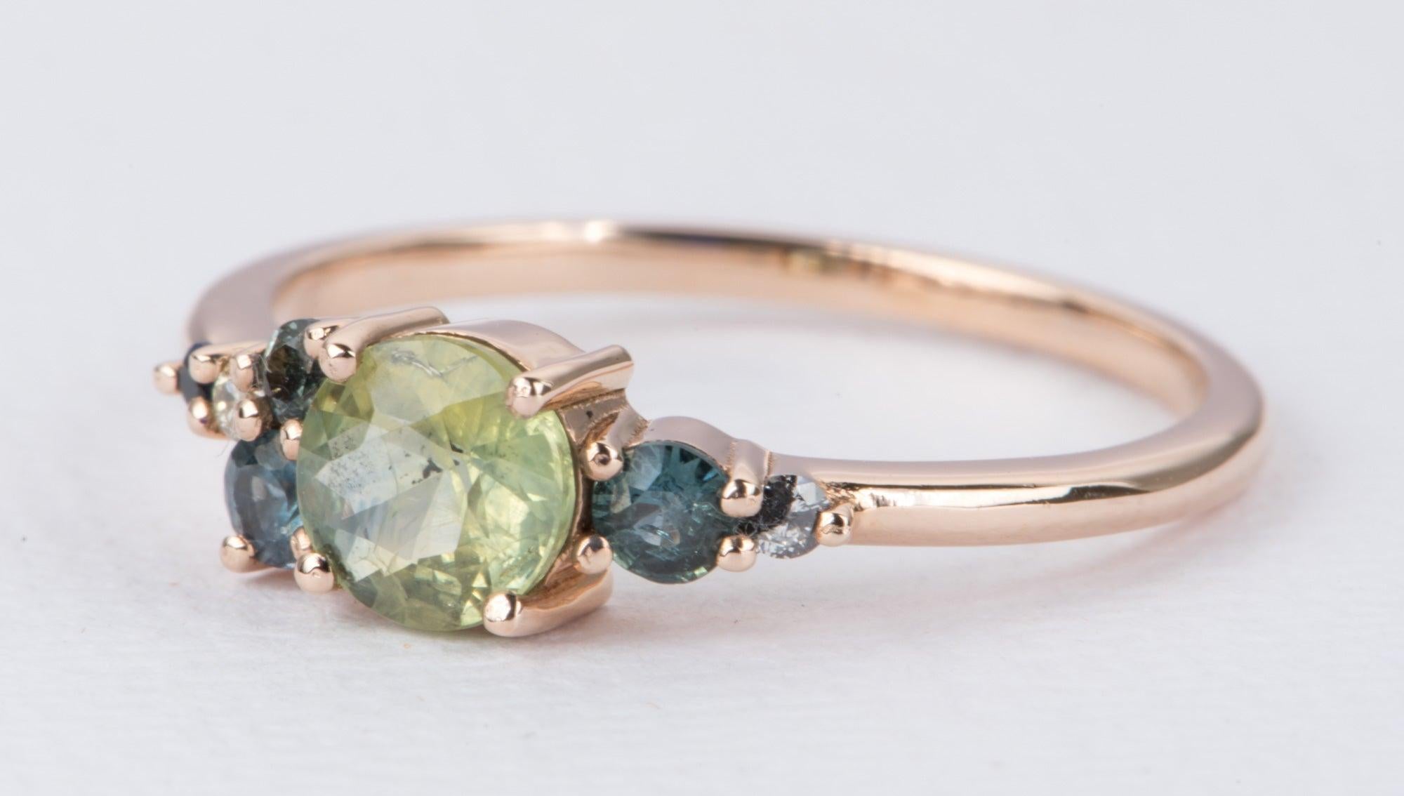 Rose Cut Montana Sapphire and Diamond Cluster Ring 14K Rose Gold AD2064-7 For Sale