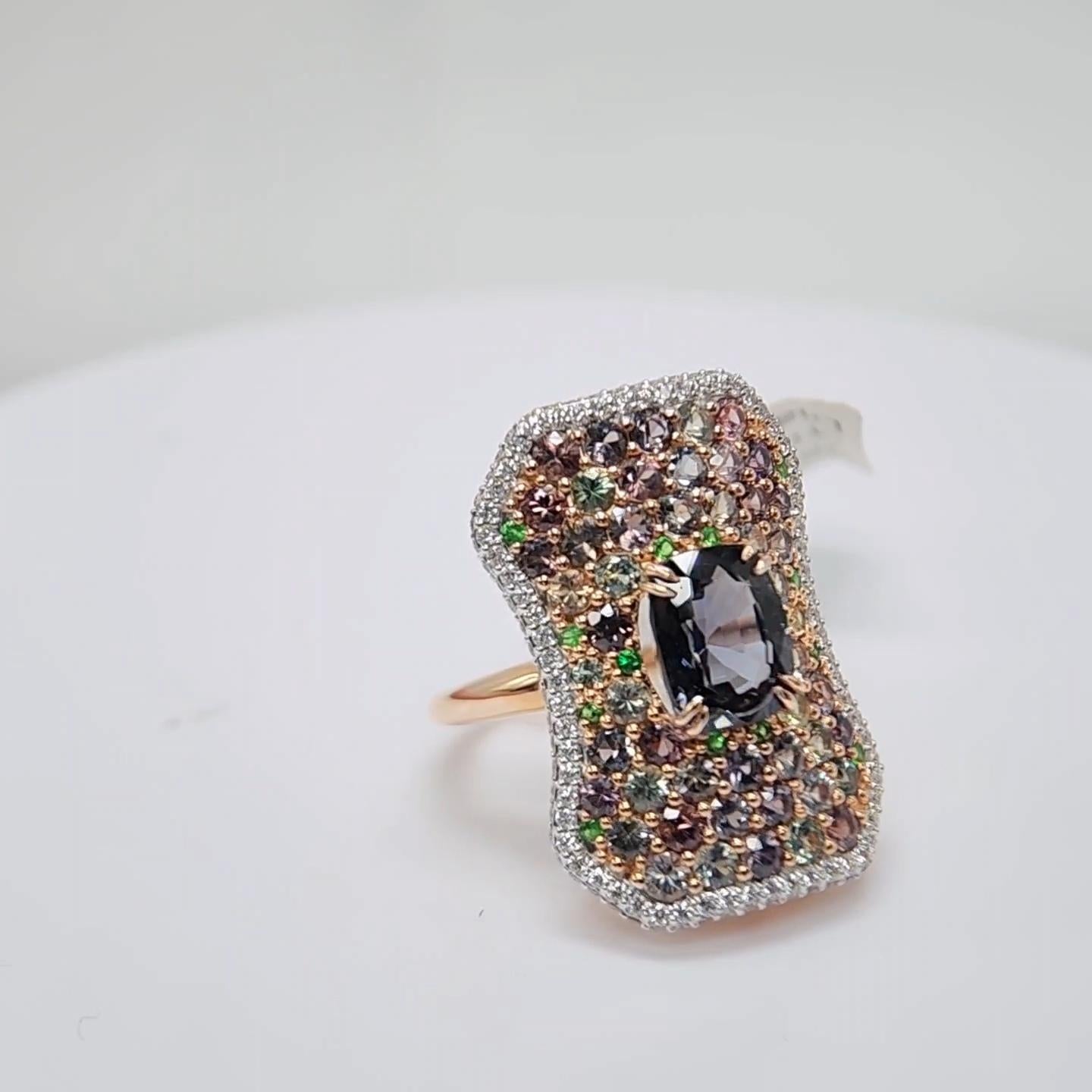 Montana Sapphire and Spinel Ring 14 Karat Rose Gold Cushion Shape Spinel For Sale 5