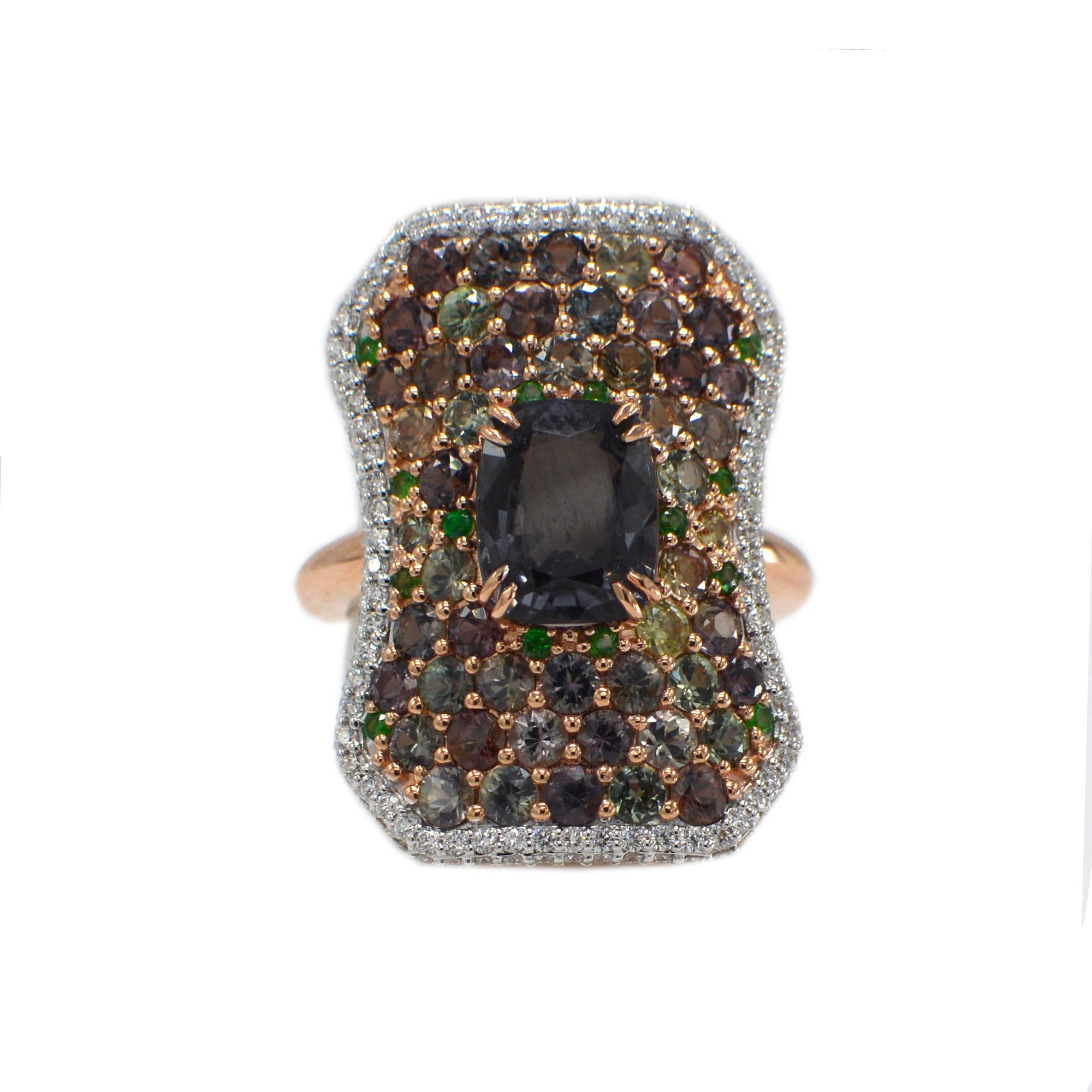 Rose Cut Montana Sapphire and Spinel Ring 14 Karat Rose Gold Cushion Shape Spinel For Sale