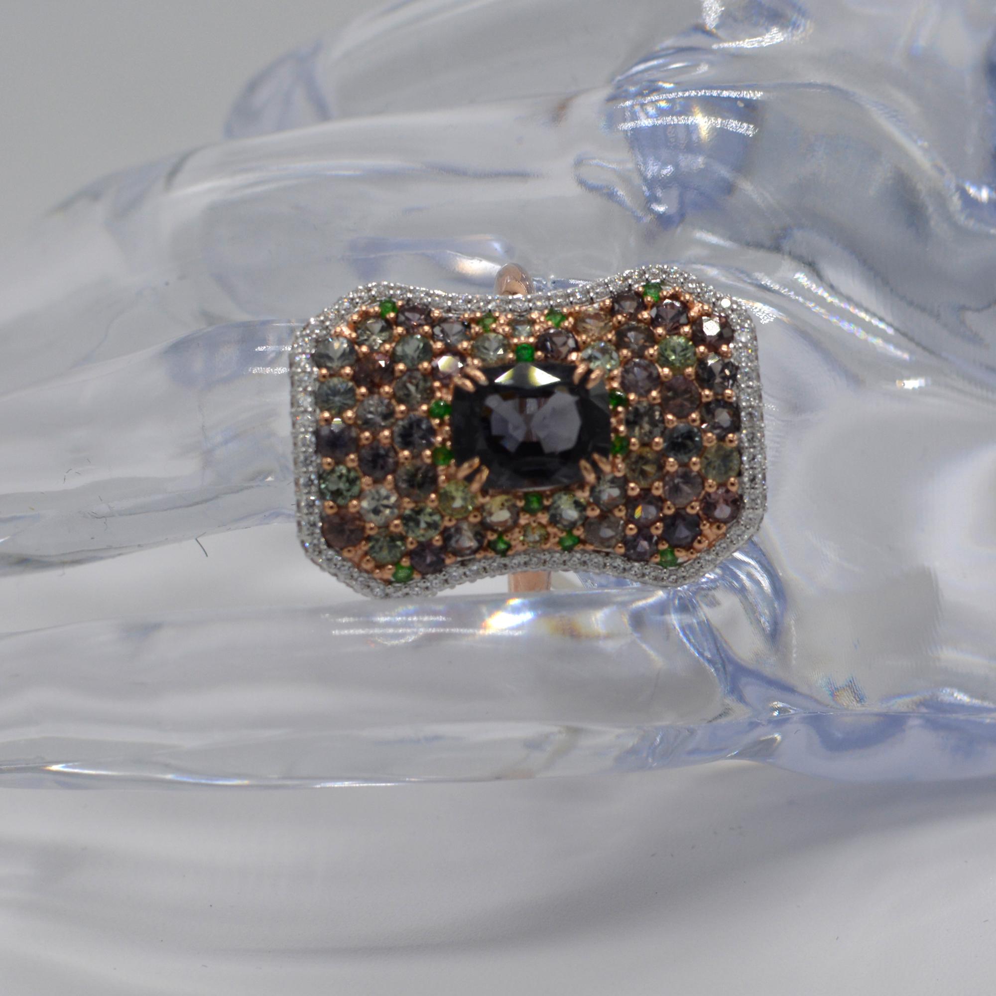 Women's Montana Sapphire and Spinel Ring 14 Karat Rose Gold Cushion Shape Spinel For Sale