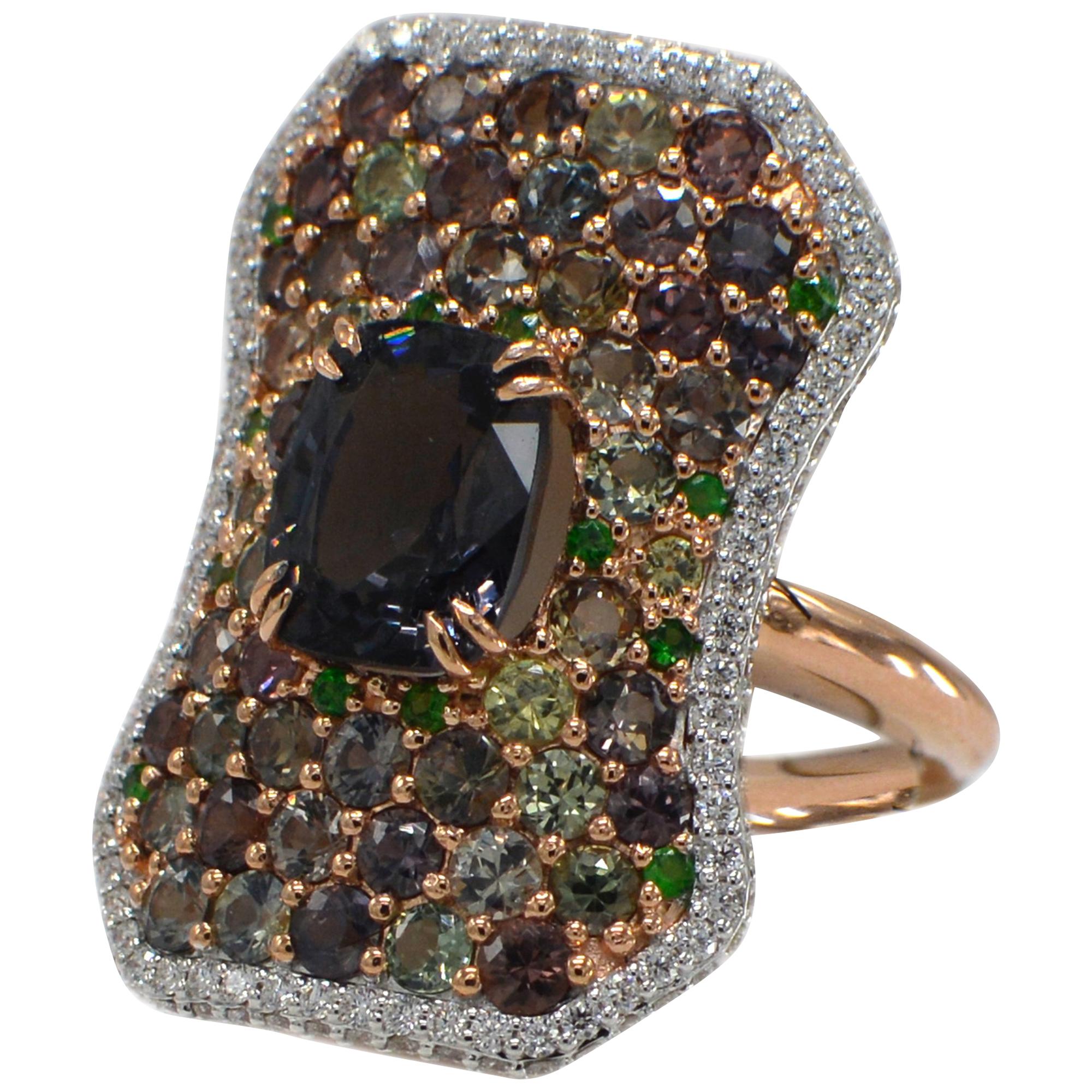 Montana Sapphire & Blue-is - Purple Spinel - cushion shape 3.25 carat.
14k Rose Gold  7.55 grams, Mix color shades of 