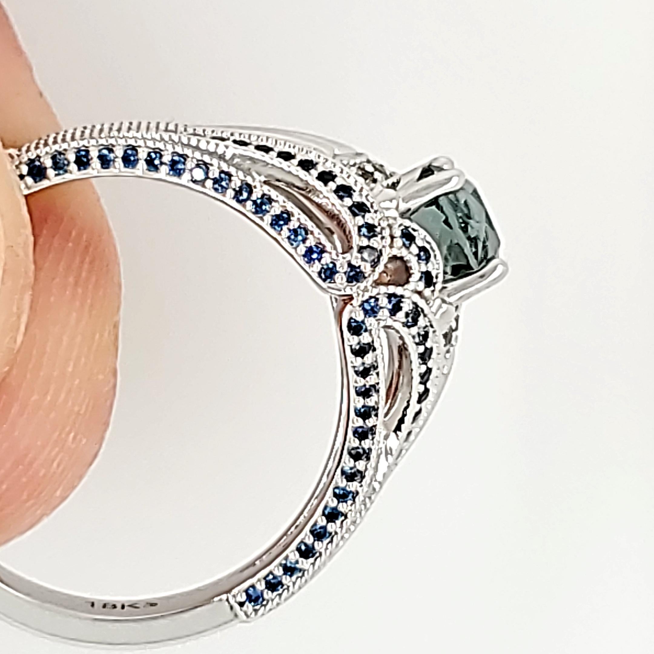 Montana Sapphire with Blue and White Sapphire Accents - 18kt White Gold For Sale 5