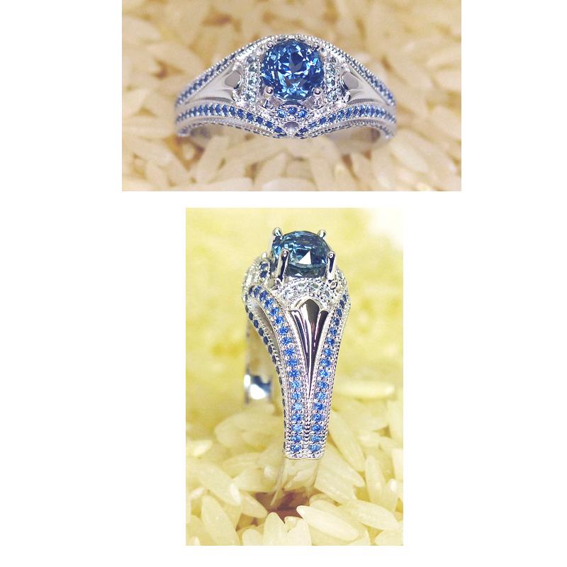 Montana Sapphire with Blue and White Sapphire Accents - 18kt White Gold For Sale 6