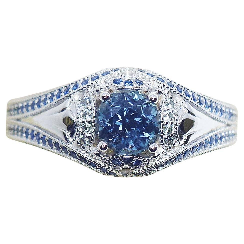 Montana Sapphire with Blue and White Sapphire Accents - 18kt White Gold For Sale