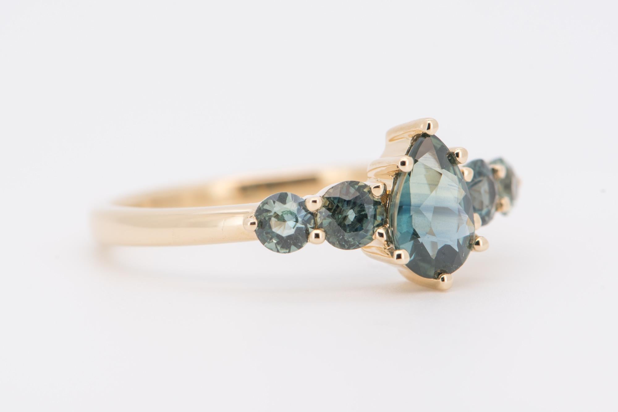 Uncut Montana Teal Sapphire Five-Stone Cluster Ring 14K Gold R6501