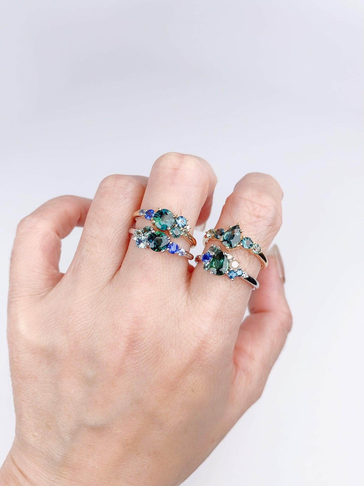 Women's or Men's Montana Teal Sapphire Five-Stone Cluster Ring 14K Gold R6501