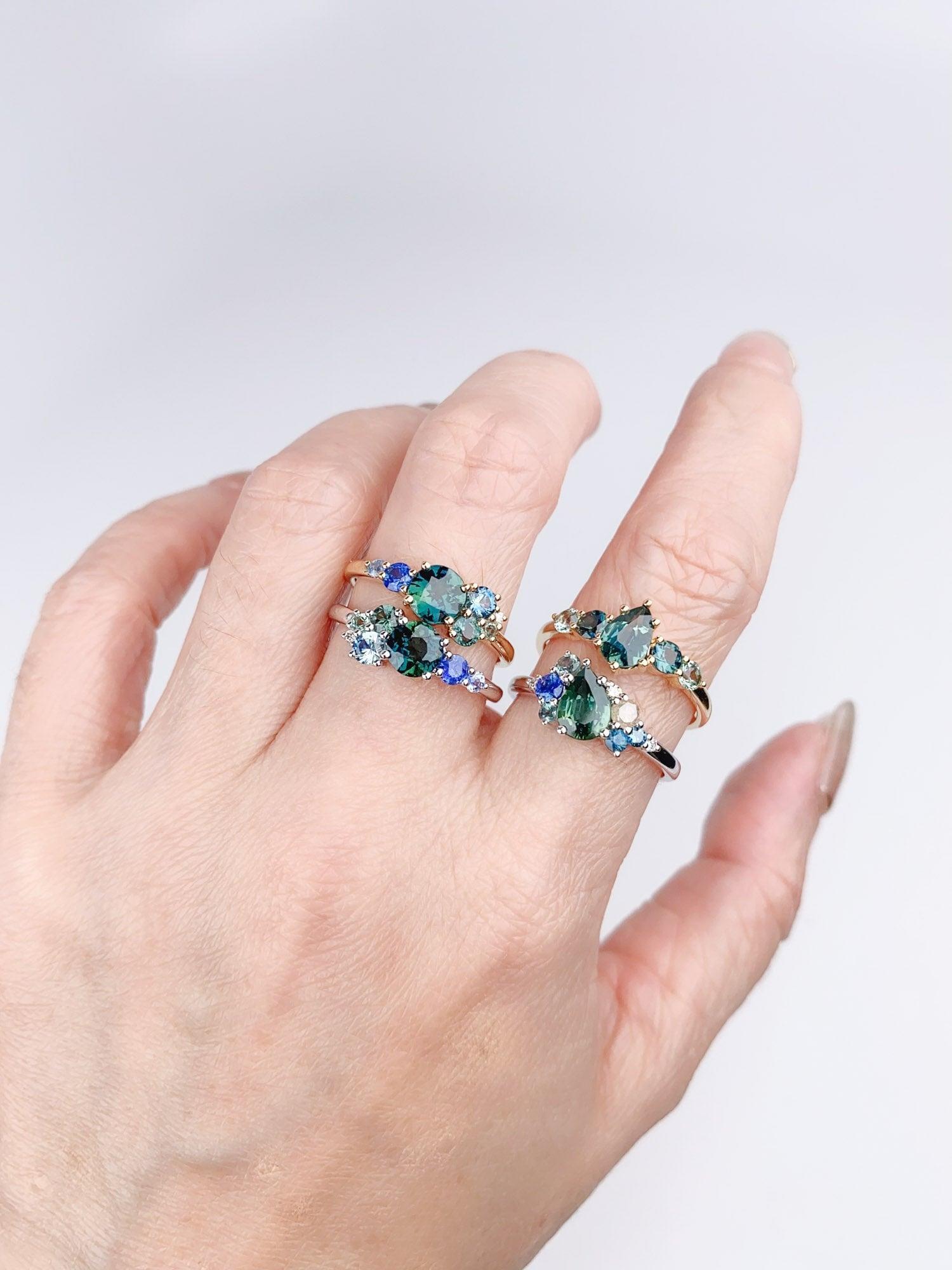 Montana Teal Sapphire Five-Stone Cluster Ring 14K Gold R6501 1