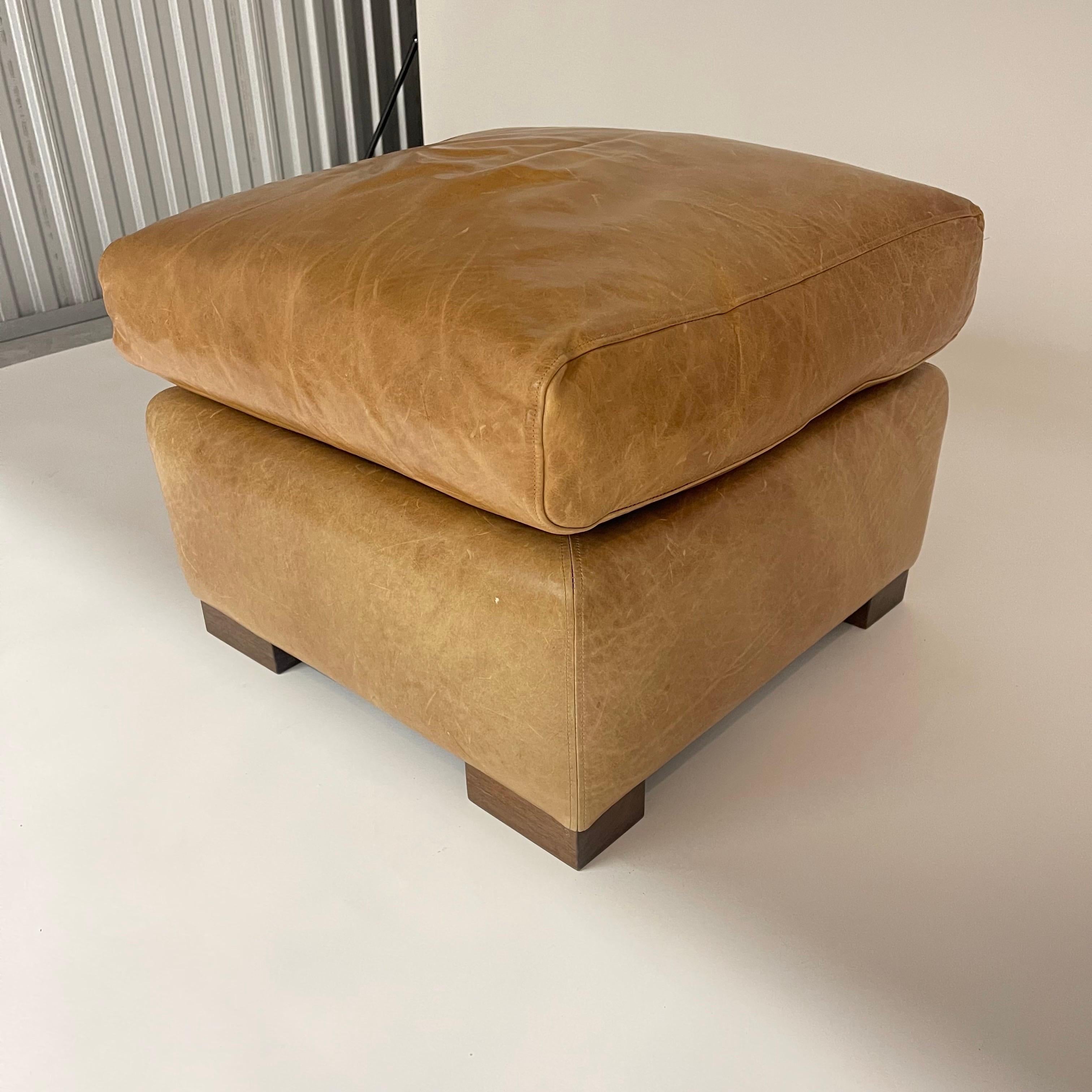 Classic Tuxedo cube ottoman or footstool rendered in cognac leather upholstery with a down filled foam cushion and walnut feet, made in Montreal Canada, 2000s