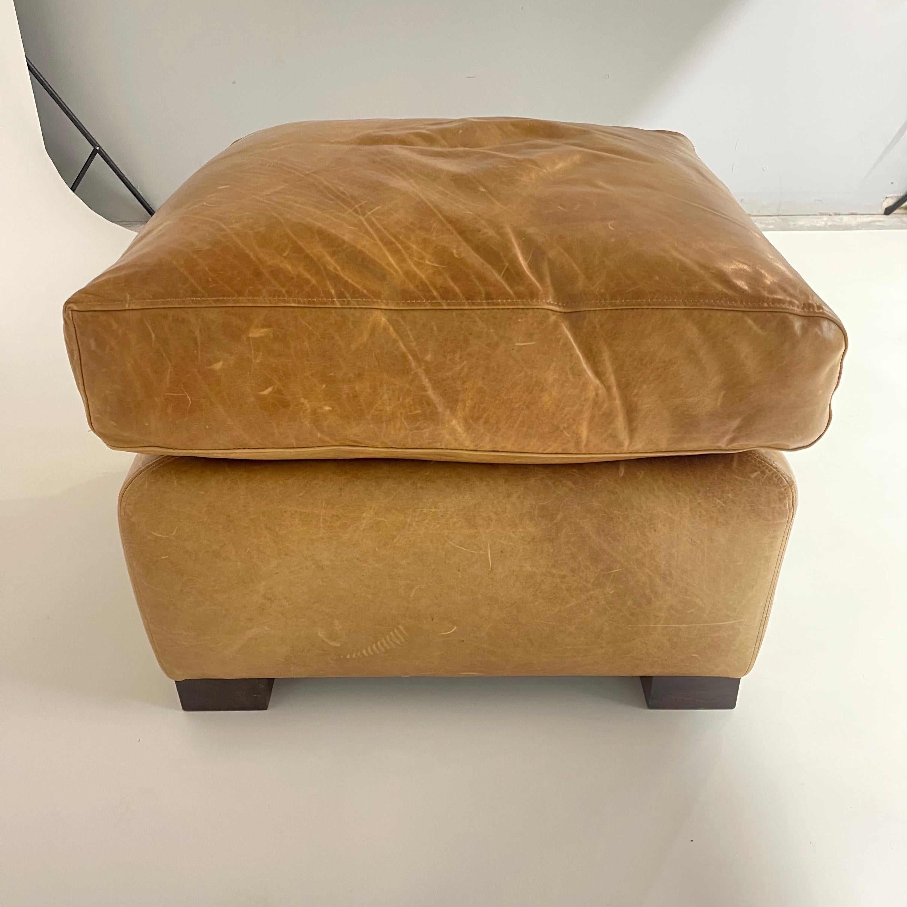 Dyed Montauk Sofa Cognac Leather and Walnut Tuxedo Ottoman or Footstool, Canada 2000s For Sale