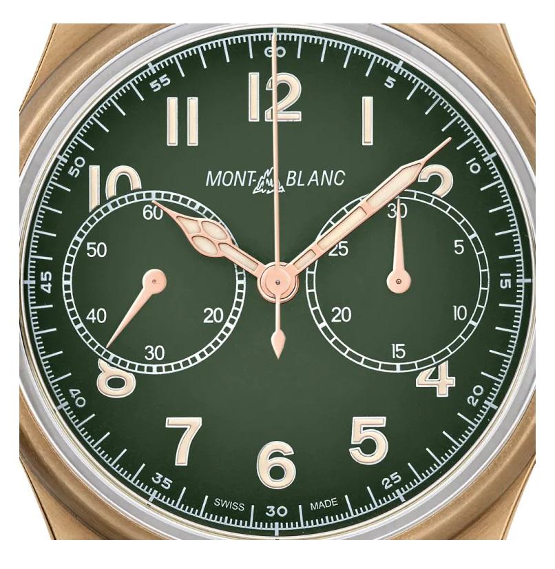Movement Type
Automatic, self-winding
Calibre
MB 25.11
Power Reserve
48 hour
Frequency
28800/h, 4 Hz, 27 Jewels
Balance Spring
Flat hairspring
Complications
Indications
Hour, Minutes, Push-piece, Chronograph
Case
Material
bronze
Dial
Khaki green