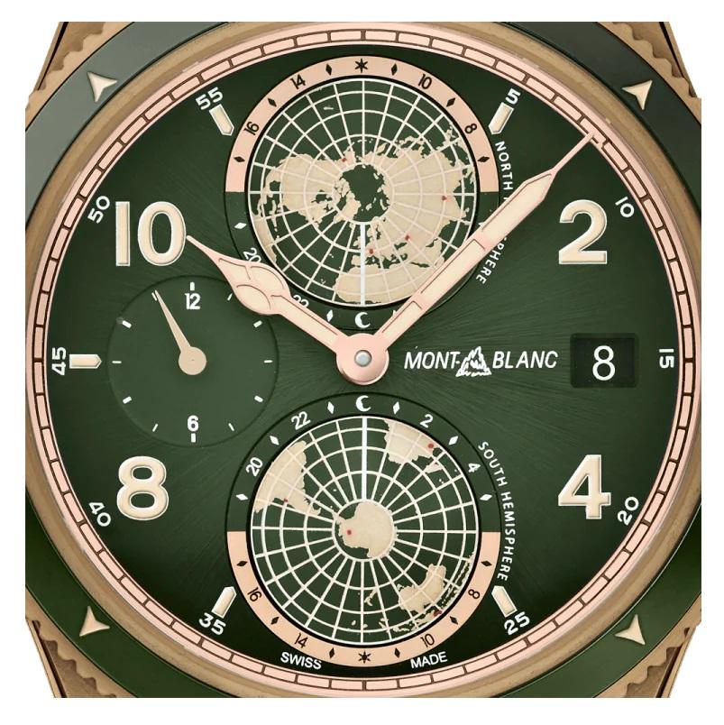 Movement 
Automatic, self-winding
Calibre
MB 29.25
Power Reserve
42 hour
Frequency
28800/h, 4 Hz, 26 Jewels
Balance Spring
Flat hairspring
Complications
Hours, Minutes, second time zone, hand-type date
Case
bronze
Dial
Khaki green dial with beige