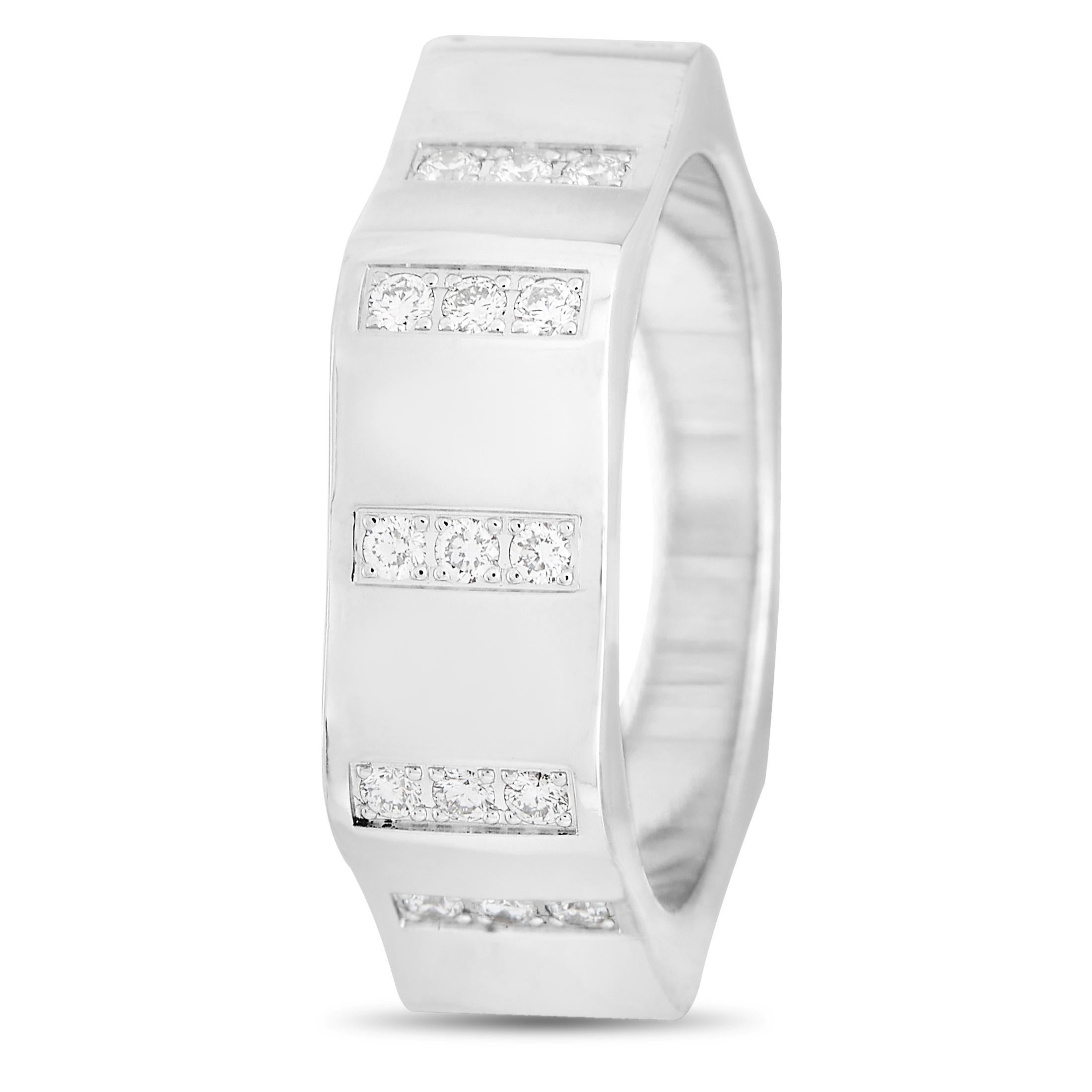 This bold design from Montblanc is incredibly impressive. Set within each peak of the 18K White Gold band, you’ll find a small series of round-cut diamonds. Decidedly elegant, this commanding band ring features a band width of 8mm and diamonds