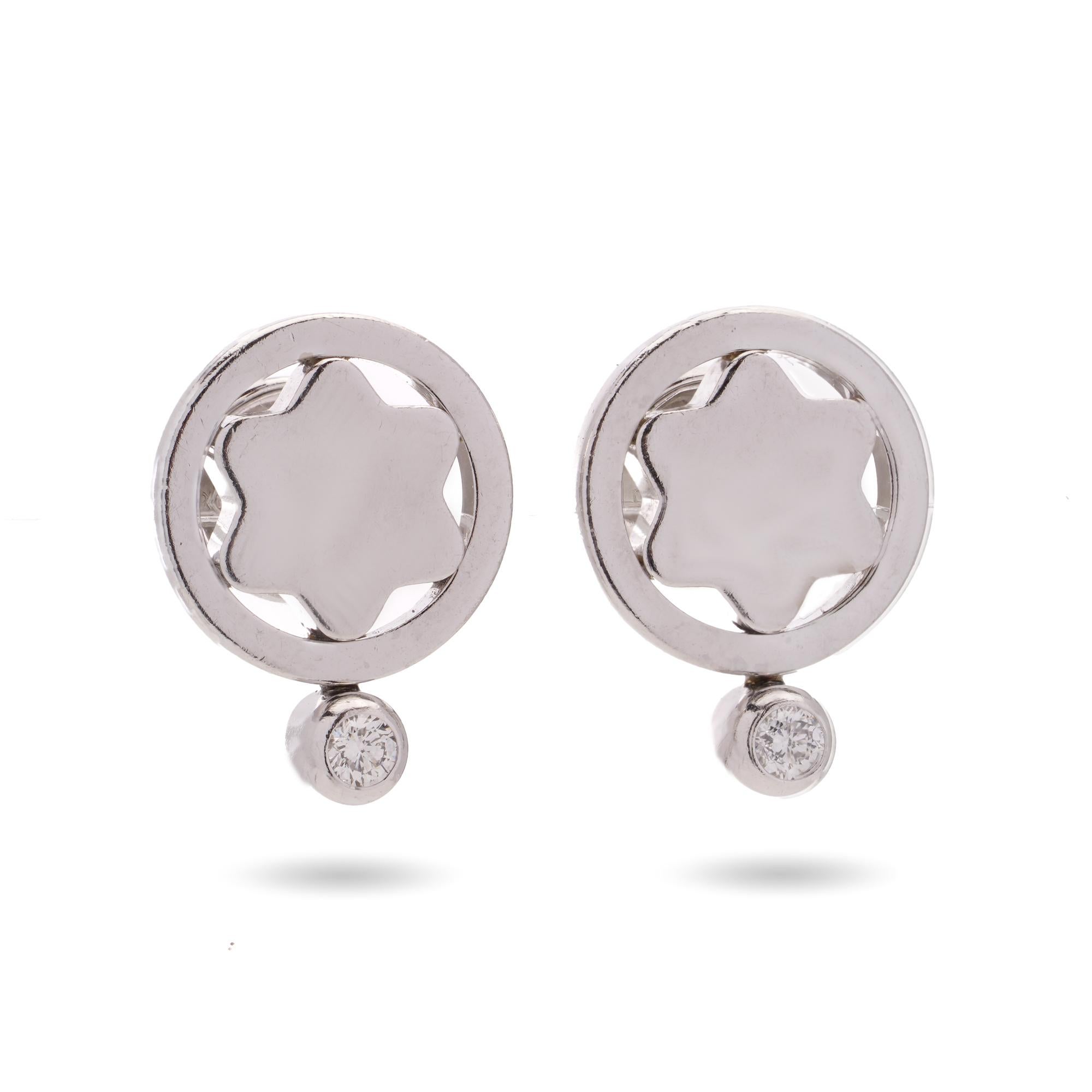 Brilliant Cut Montblanc 18kt white gold pair of Star emblem studs with diamond accent For Sale