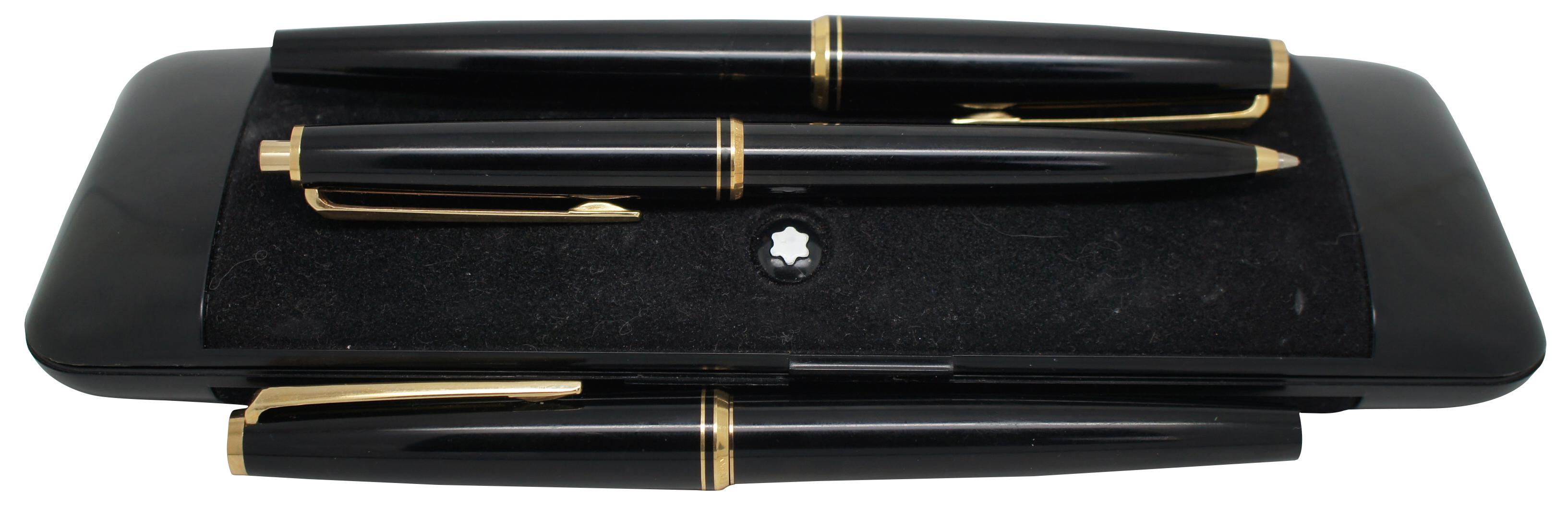 Vintage Montblanc three piece mechanical pencil and cartridge filled fountain pen set with 14K Gold 585 nibs. Two 10 count packages of black and royal blue ink cartridges included. 
  