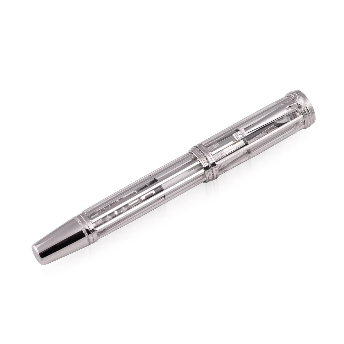 Montblanc extremely rare Limited Edition 5/8 White House Fountain pen. The 18k white gold pen designed in the style of the White House architecture, accented by cut diamond set in vertical bands along the translucent resin barrel, the clip enhanced