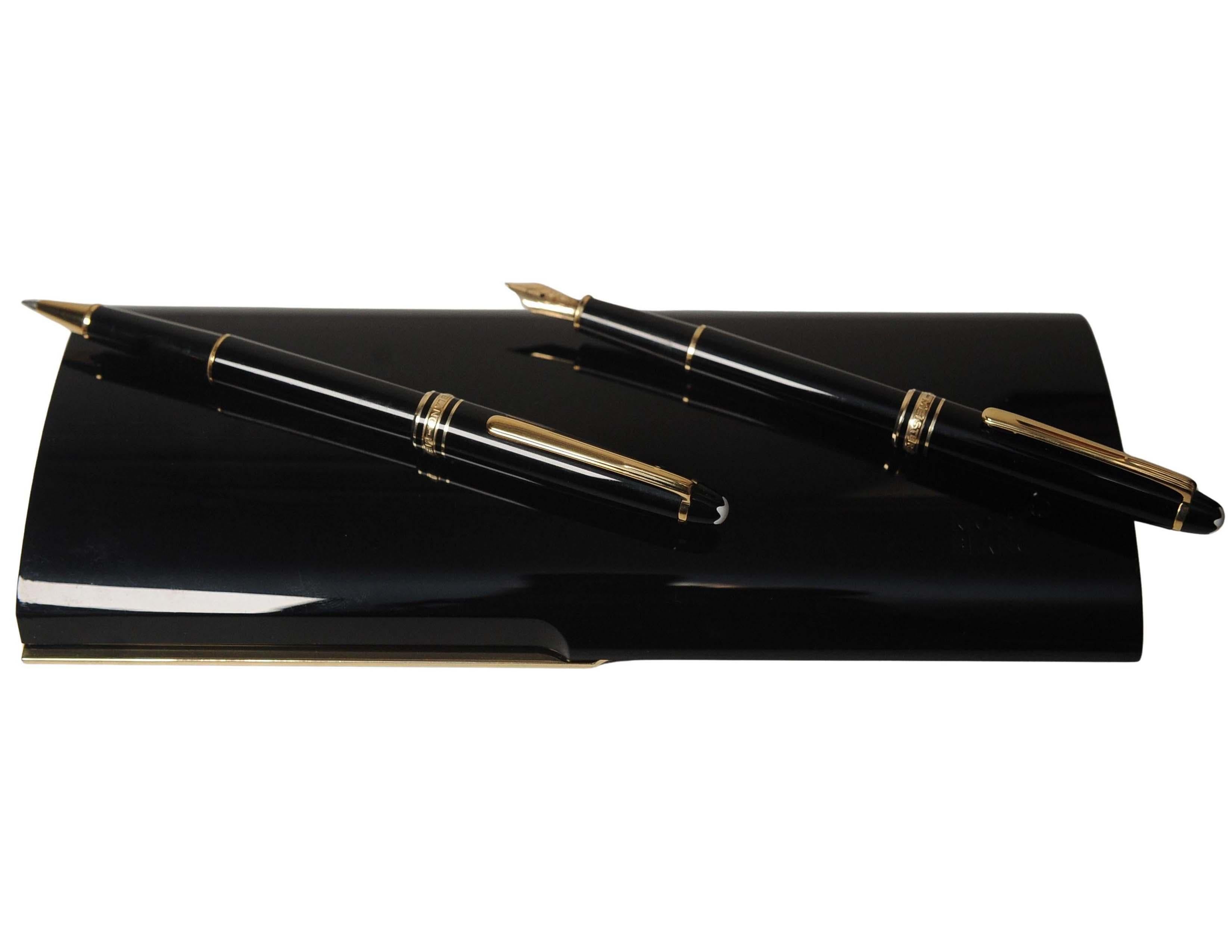 Art Deco Montblanc Authentic 14ct Gold Black Resin Ballpoint and Fountain Pen Set & Box For Sale