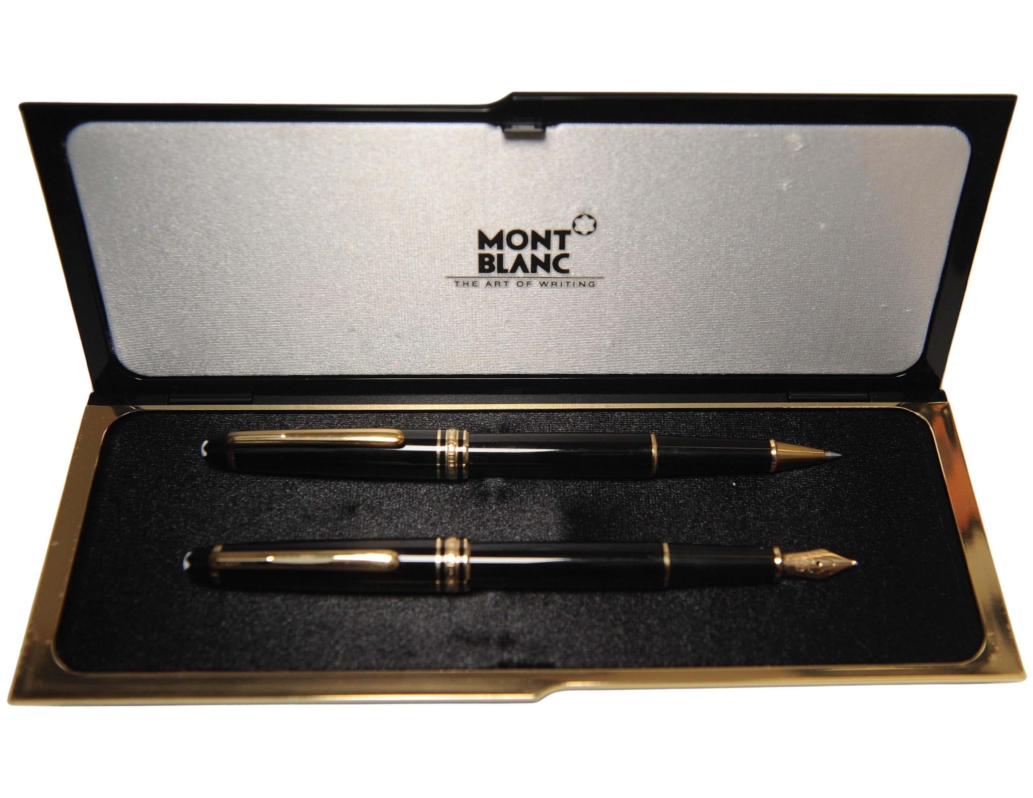 20th Century Montblanc Authentic 14ct Gold Black Resin Ballpoint and Fountain Pen Set & Box For Sale