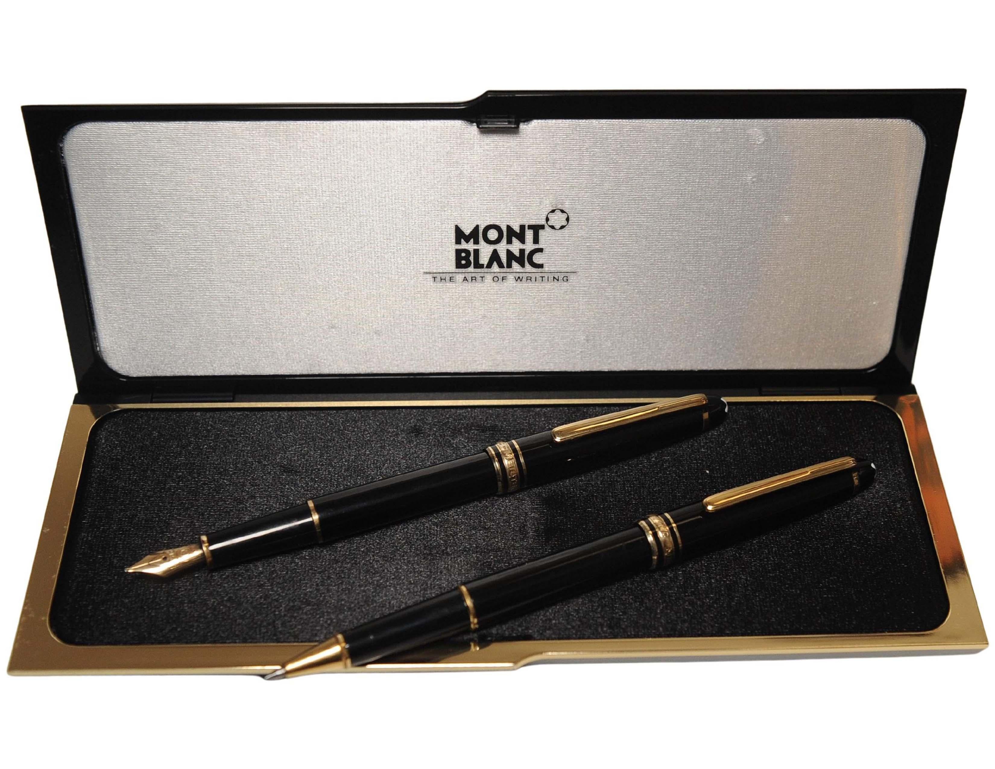 Montblanc Authentic 14ct Gold Black Resin Ballpoint and Fountain Pen Set & Box For Sale 1