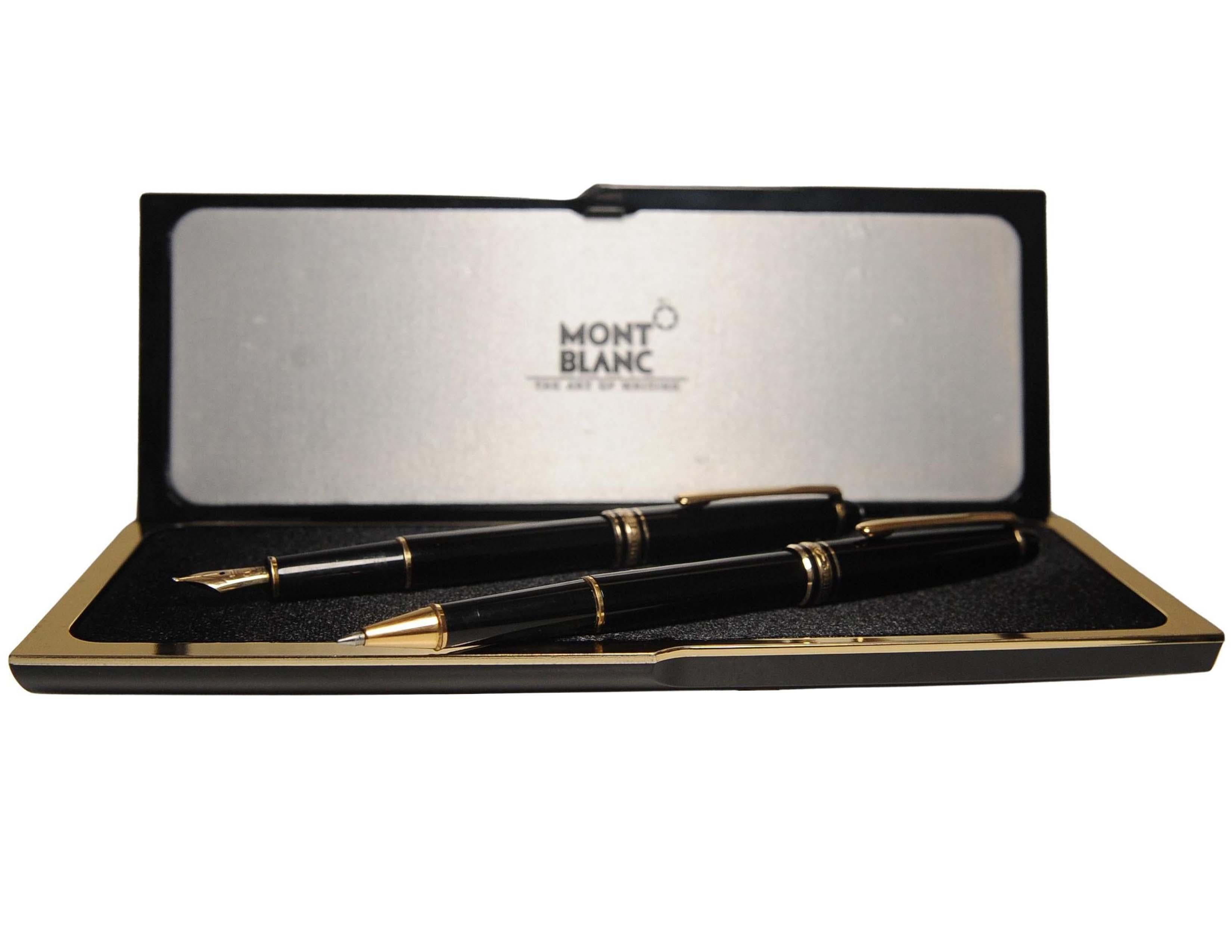 Montblanc Authentic 14ct Gold Black Resin Ballpoint and Fountain Pen Set & Box For Sale 2