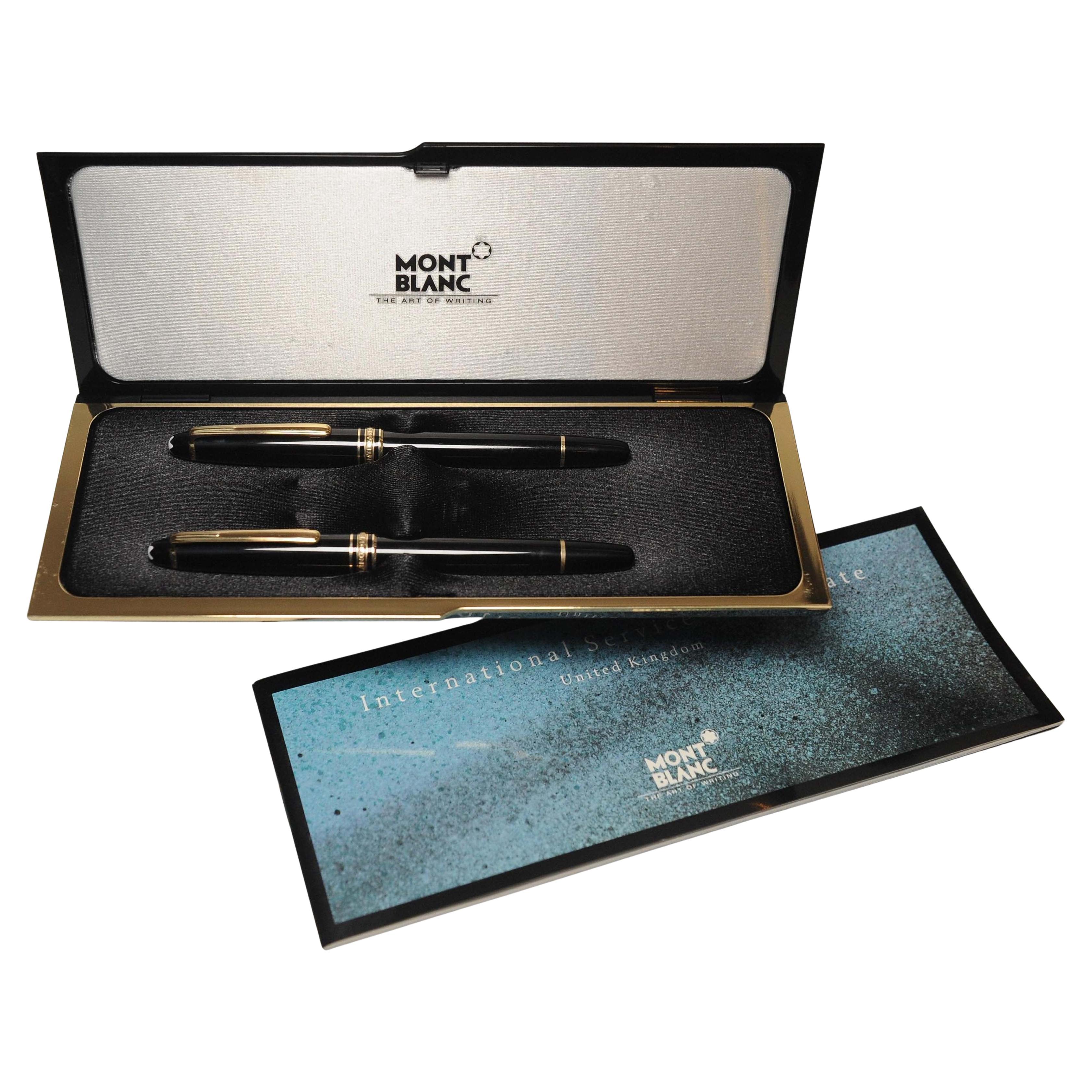 Montblanc Authentic 14ct Gold Black Resin Ballpoint and Fountain Pen Set & Box For Sale