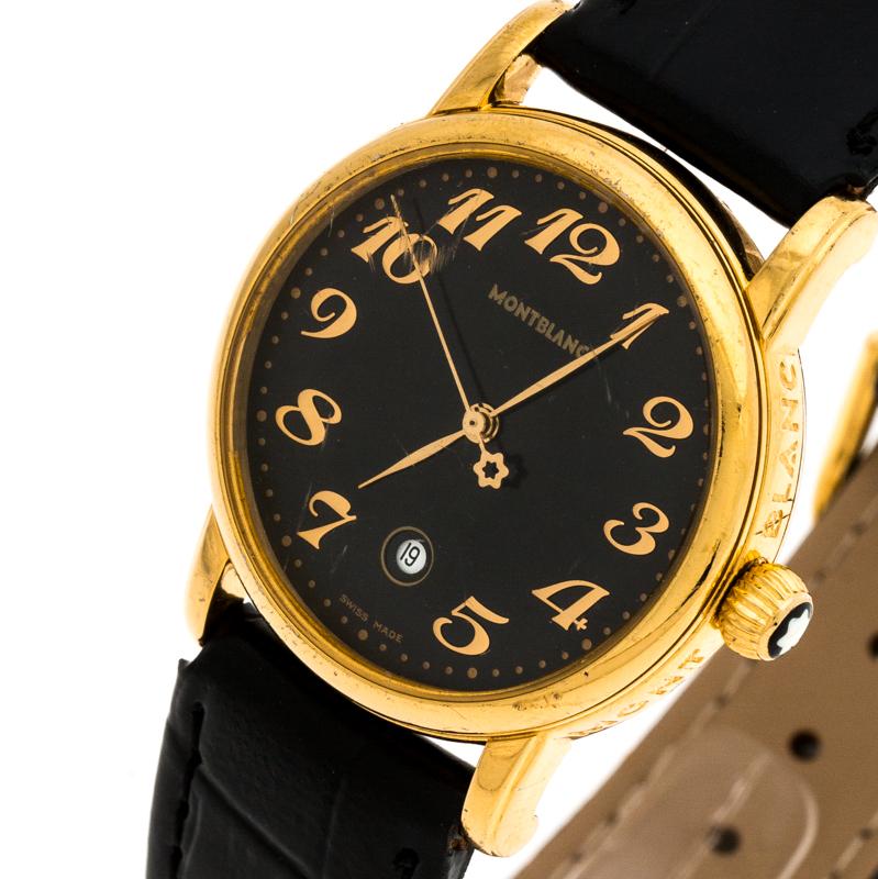 Awaiting to be yours is this stunner of a watch from Montblanc! Crafted with beauty using gold-plated stainless steel, the Quartz watch is held by leather straps. It brings a black dial that has Arabic numeral hour markers and three hands to help