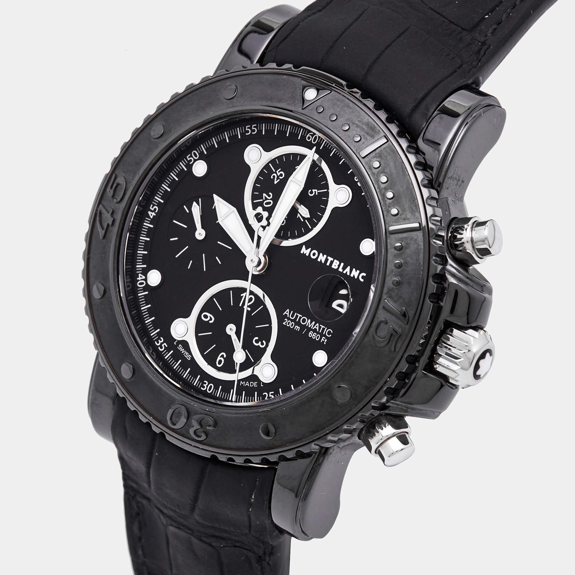 Sophisticated and appealing, this Montblanc watch is the perfect addition for a classy, on edge look. Its black PVD coated bezel is made from stainless steel and it outlines a black dial designed with seconds indexes, luminous hands and hour