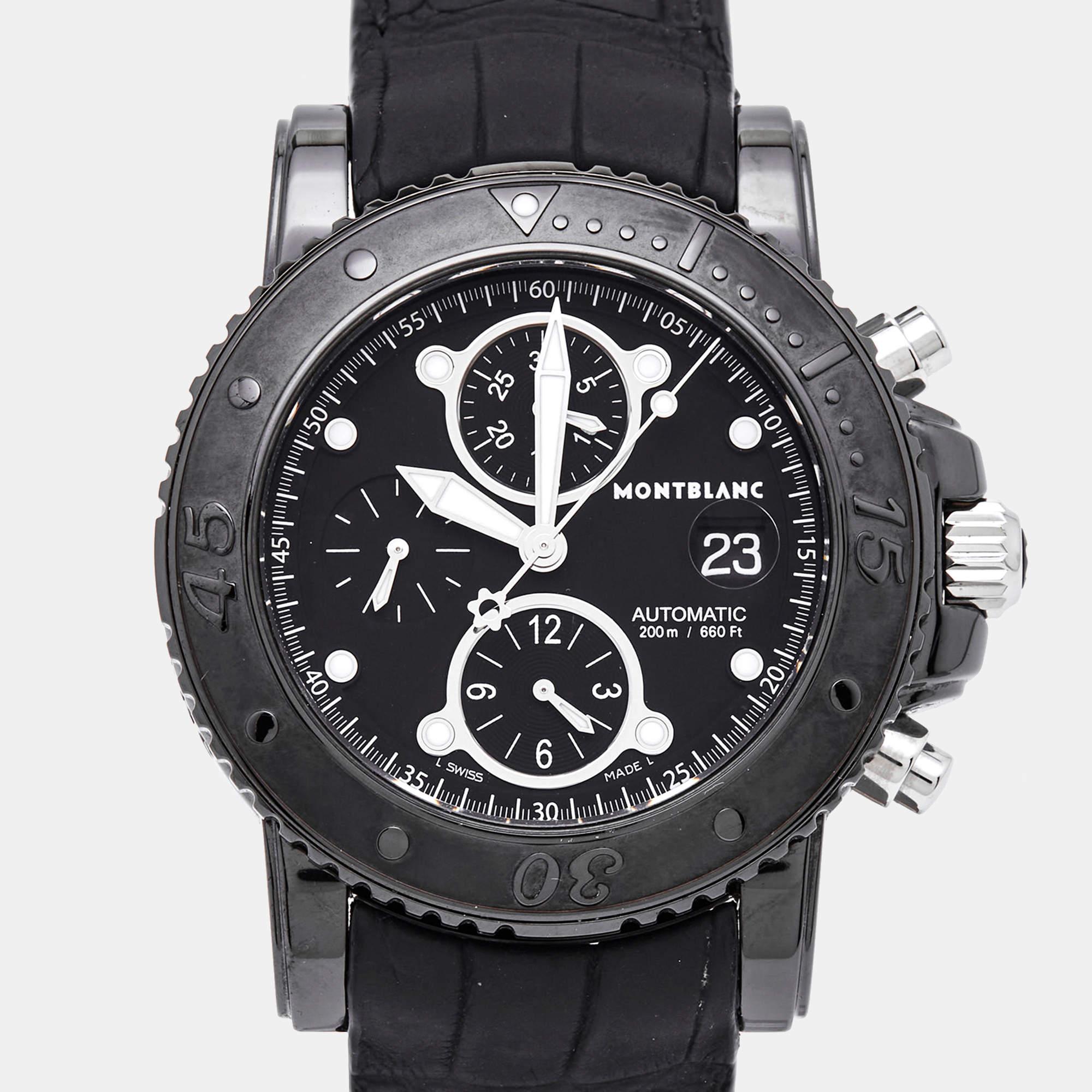 Aesthetic Movement Montblanc Black PVD Coated Alligator Leather Sport 104279 Men's Wristwatch 44 mm For Sale