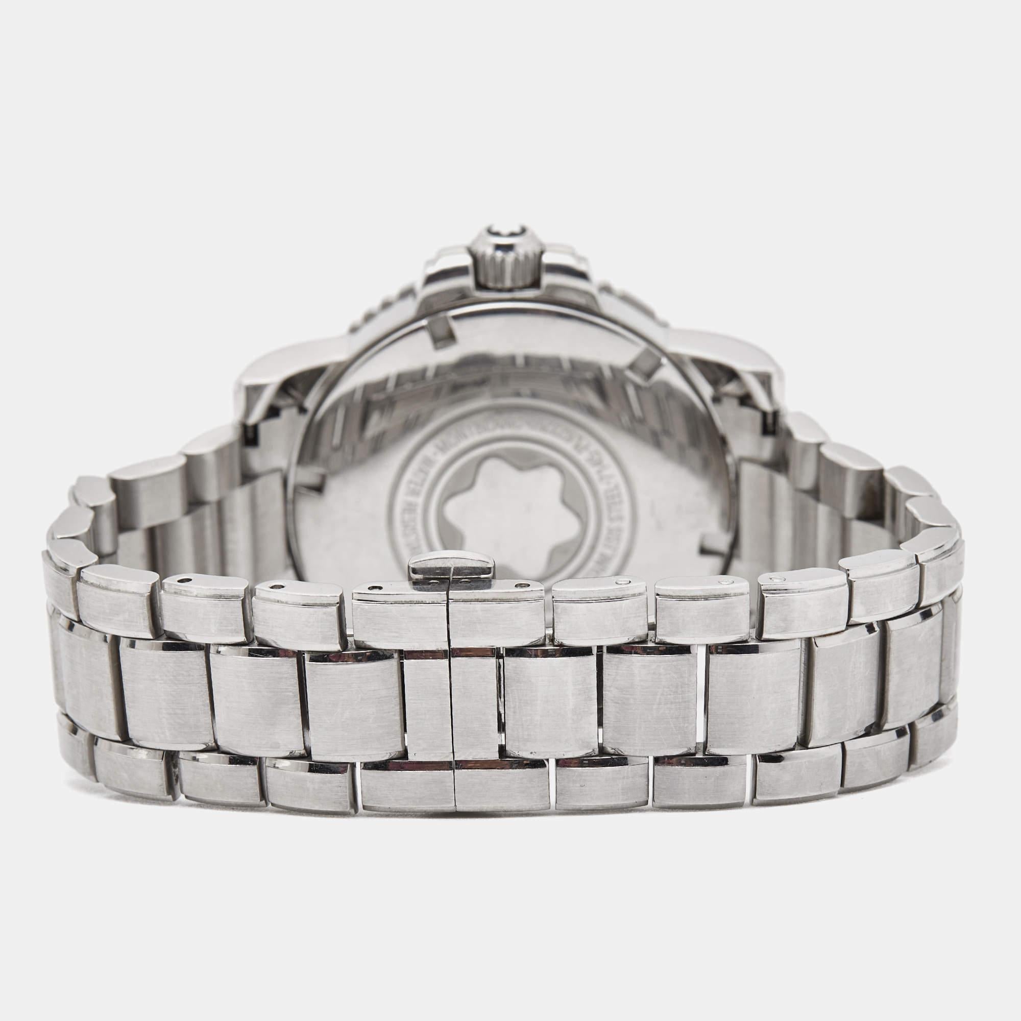 The Montblanc Meisterstuck 7145 is an exquisite men's wristwatch that combines timeless elegance with modern craftsmanship. Its sleek black stainless steel case and bracelet exude sophistication, while the minimalist black dial features silver-tone