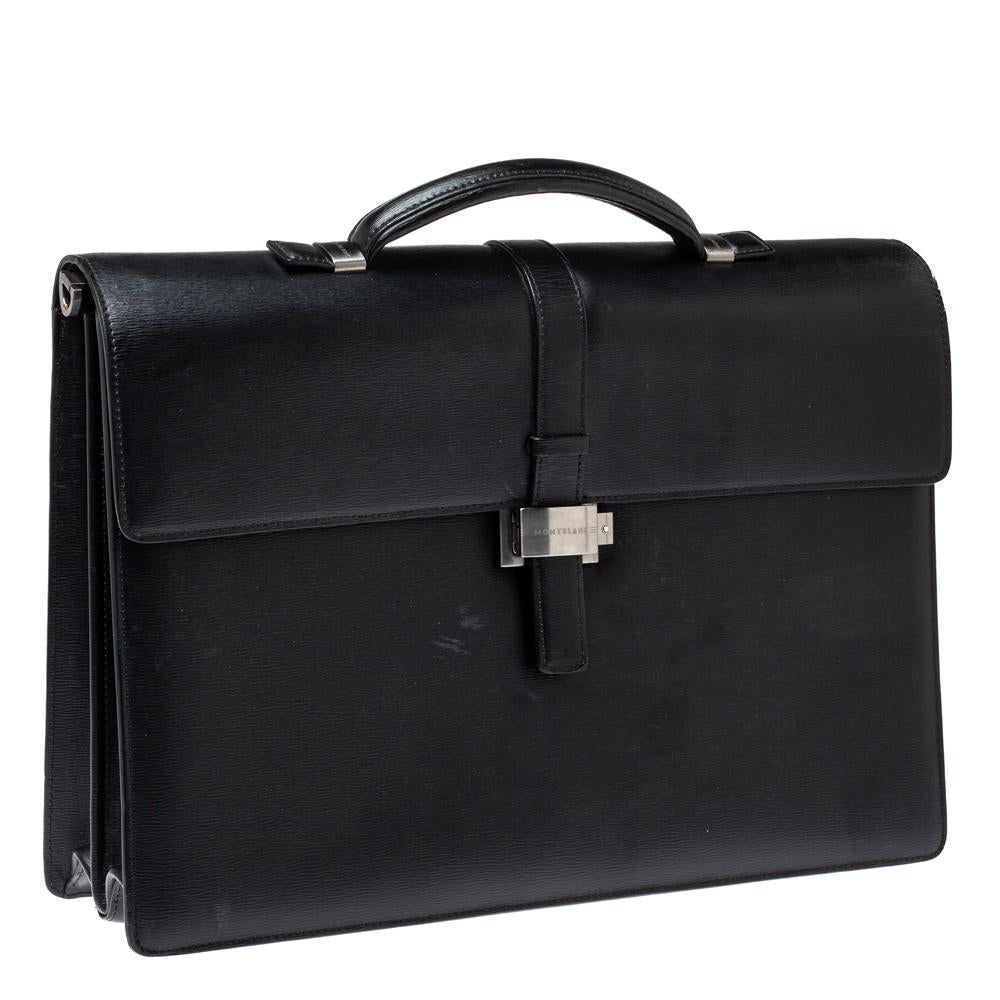 Montblanc Black Textured Leather Westside Double Gusset Briefcase In Fair Condition In Dubai, Al Qouz 2