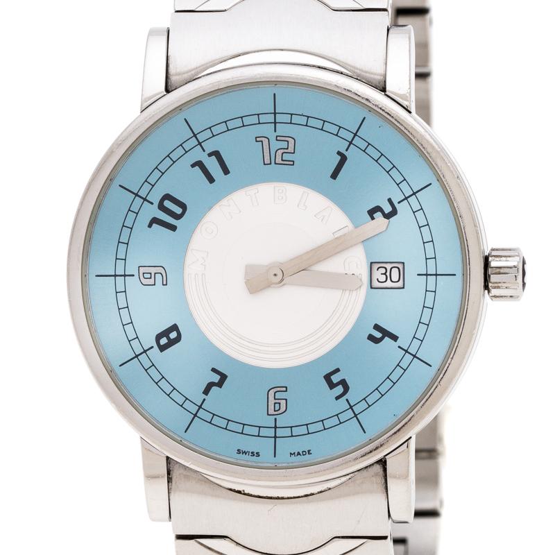 Contemporary Montblanc Blue Silver White Stainless Steel Summit 7045 Men's Wristwatch 38 mm