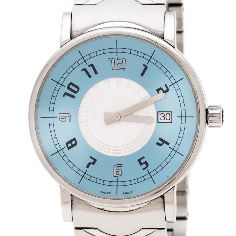 Contemporary Montblanc Blue Silver White Stainless Steel Summit 7045 Men's Wristwatch 38 mm For Sale