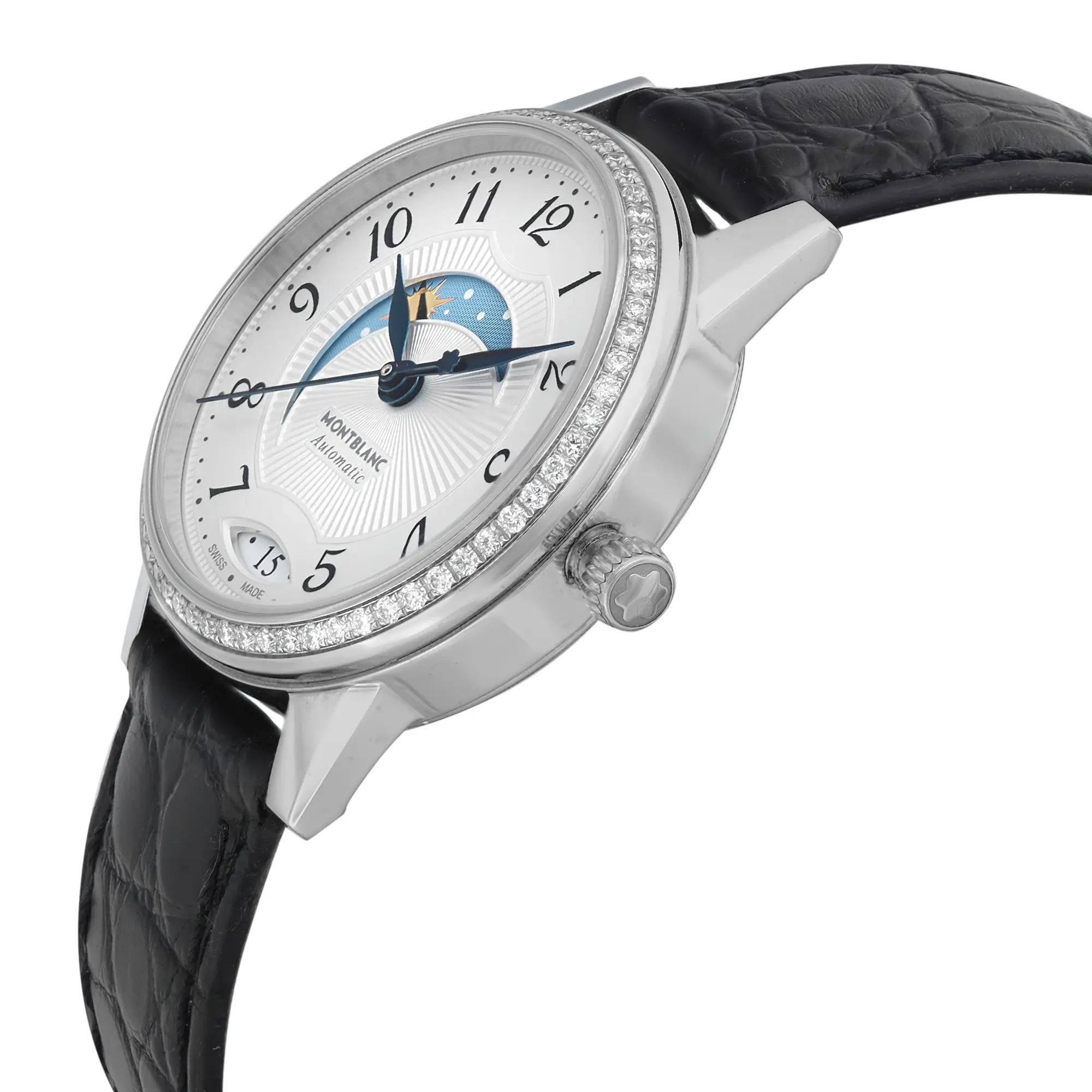 Montblanc Boheme Day and Night Steel Diamond Silver Dial Automatic Watch 114732 In Excellent Condition For Sale In New York, NY