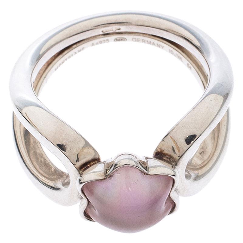 Montblanc Cabochon de Montblanc Rose Quartz Silver Ring Size 54 In Good Condition In Dubai, Al Qouz 2