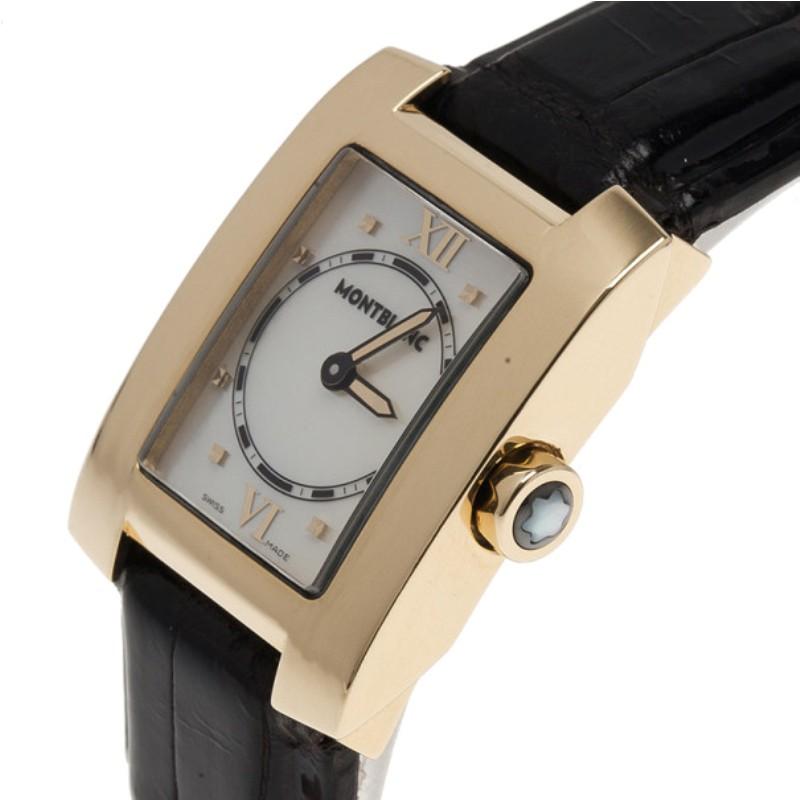 Strut with style with this Montblanc watch, designed to exude elegance and femininity. Made from 18k yellow gold, its rectangle bezel surrounds a white pearlescent dial with minute indicators, golden hour square studs, and Roman numerals at the 6