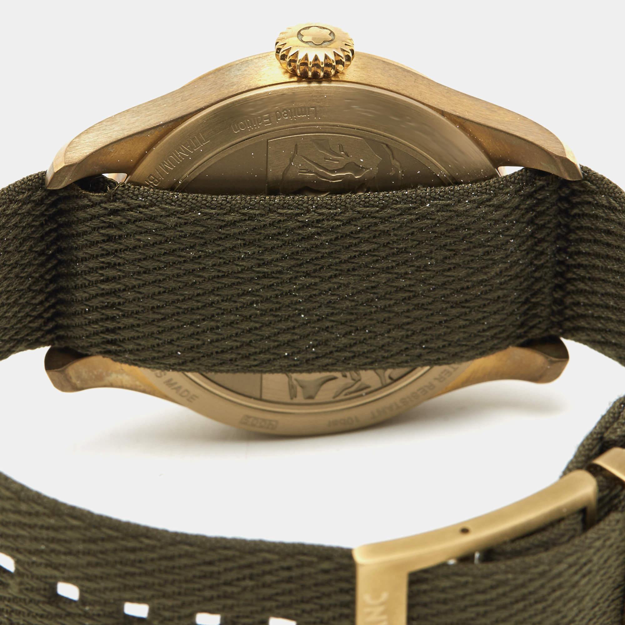 Designed with classic watchmaking codes, this limited-edition wristwatch from Montblanc is the perfect accessory to complete your look. It features a round bronze case held by a robust yet comfortable nato bracelet. Enclosed within a fixed bezel