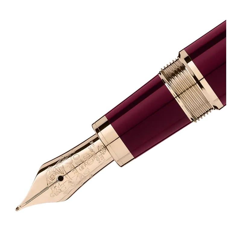 Features
Clip
Champagne-tone gold-coated
Barrel
Precious resin in burgundy color
Cap
Precious resin in burgundy color
NIB
Handcrafted Au 585 / 14 K gold nib with special engraving
Writing System
TYPE
Fountain Pen.
118051