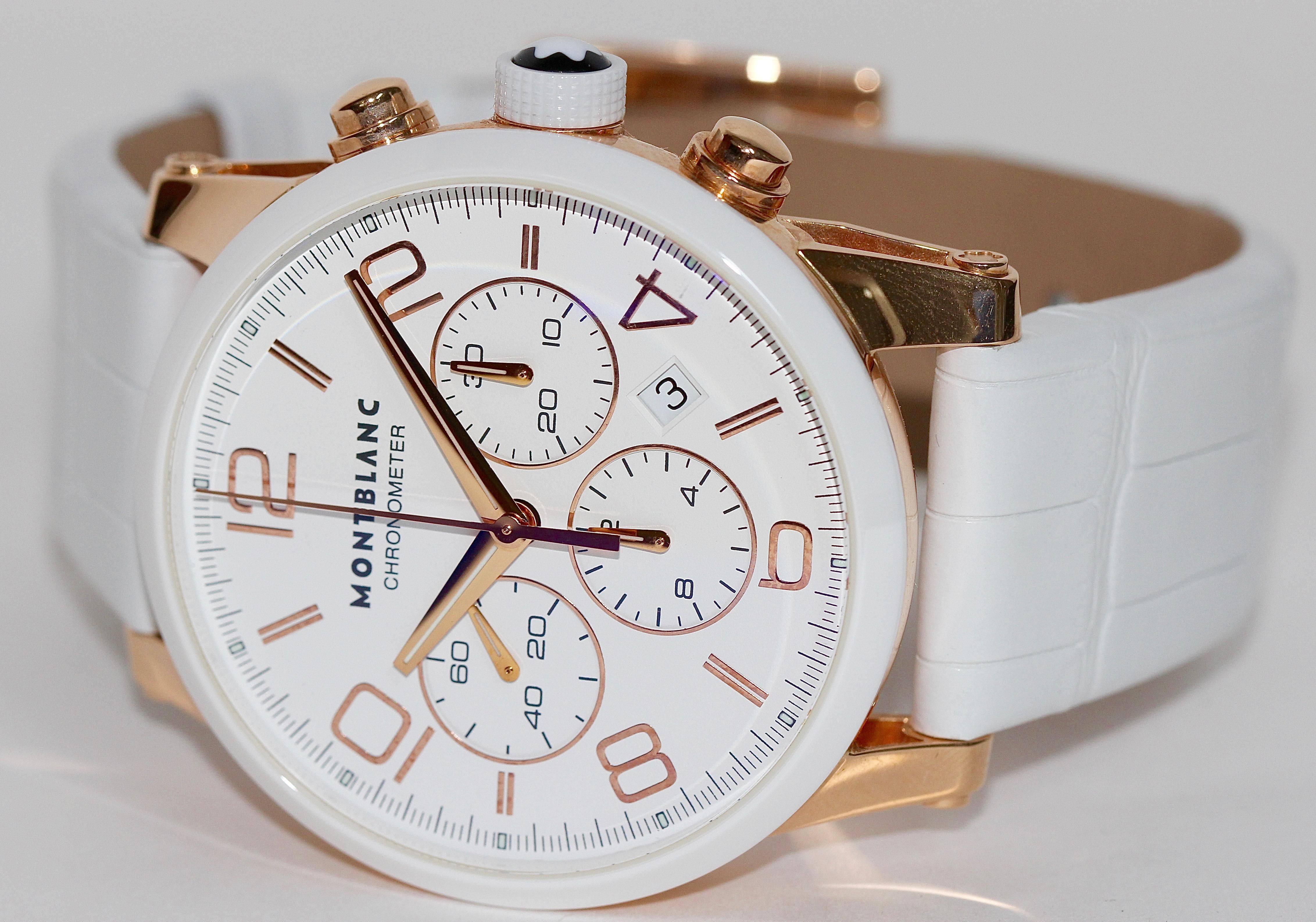 Luxurious eye catcher!

Montblanc 43mm Timewalker 18k Rose gold Chronograph Chronometer.

Clasp and case in 18k solid rose gold.

The watch comes with a certificate of authenticity.