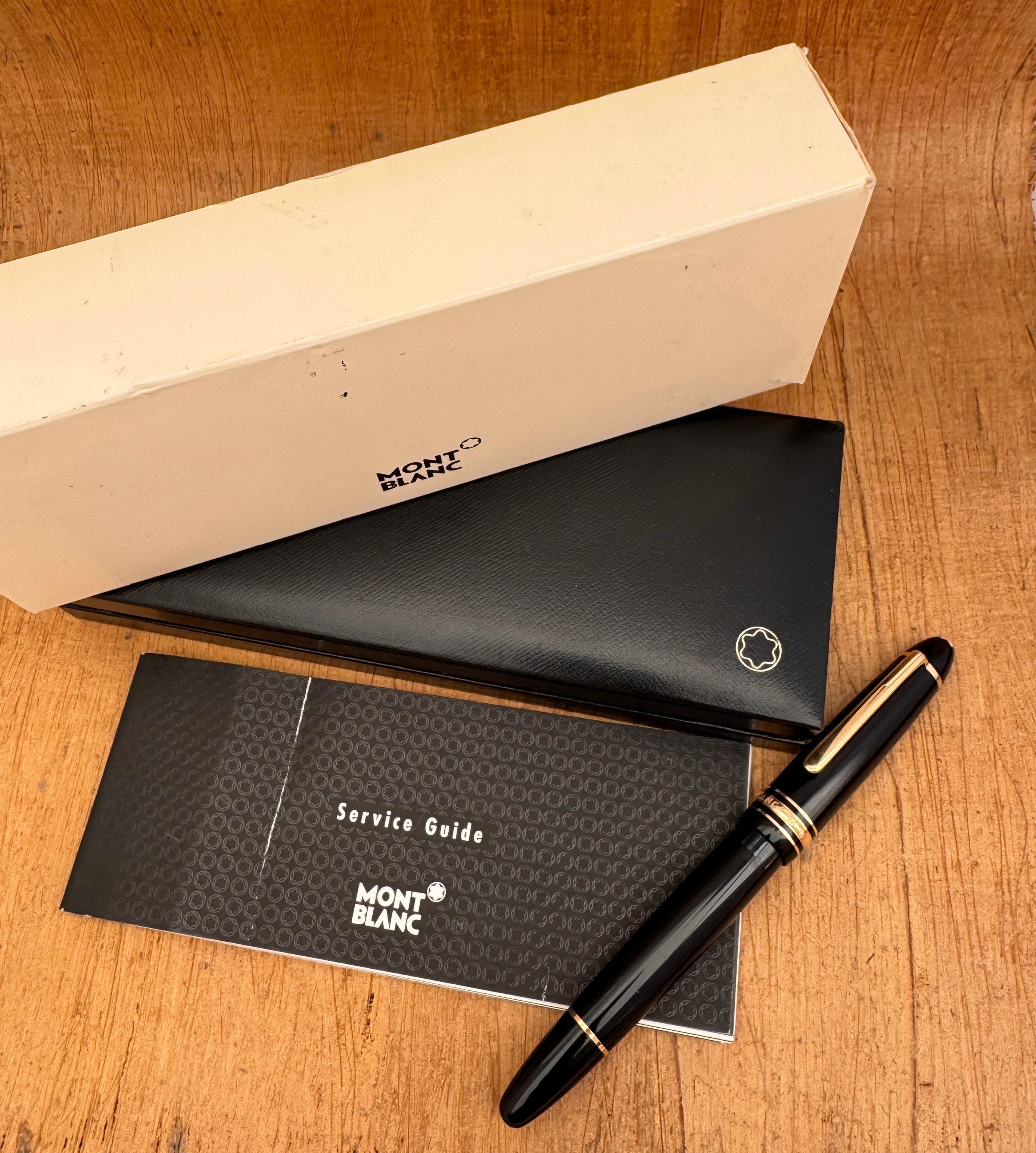 For your consideration Montblanc Meisterstuck 146 4810 14K Nib Gold Trim Fountain In Original Box

Details:
COMES WITH:
- OUTER BOX.
- PRESENTATION CASE.
- SERVICE GUIDE.

Type: Fountain Pen

Condition : Very Good Condition With Minor Wear And Marks