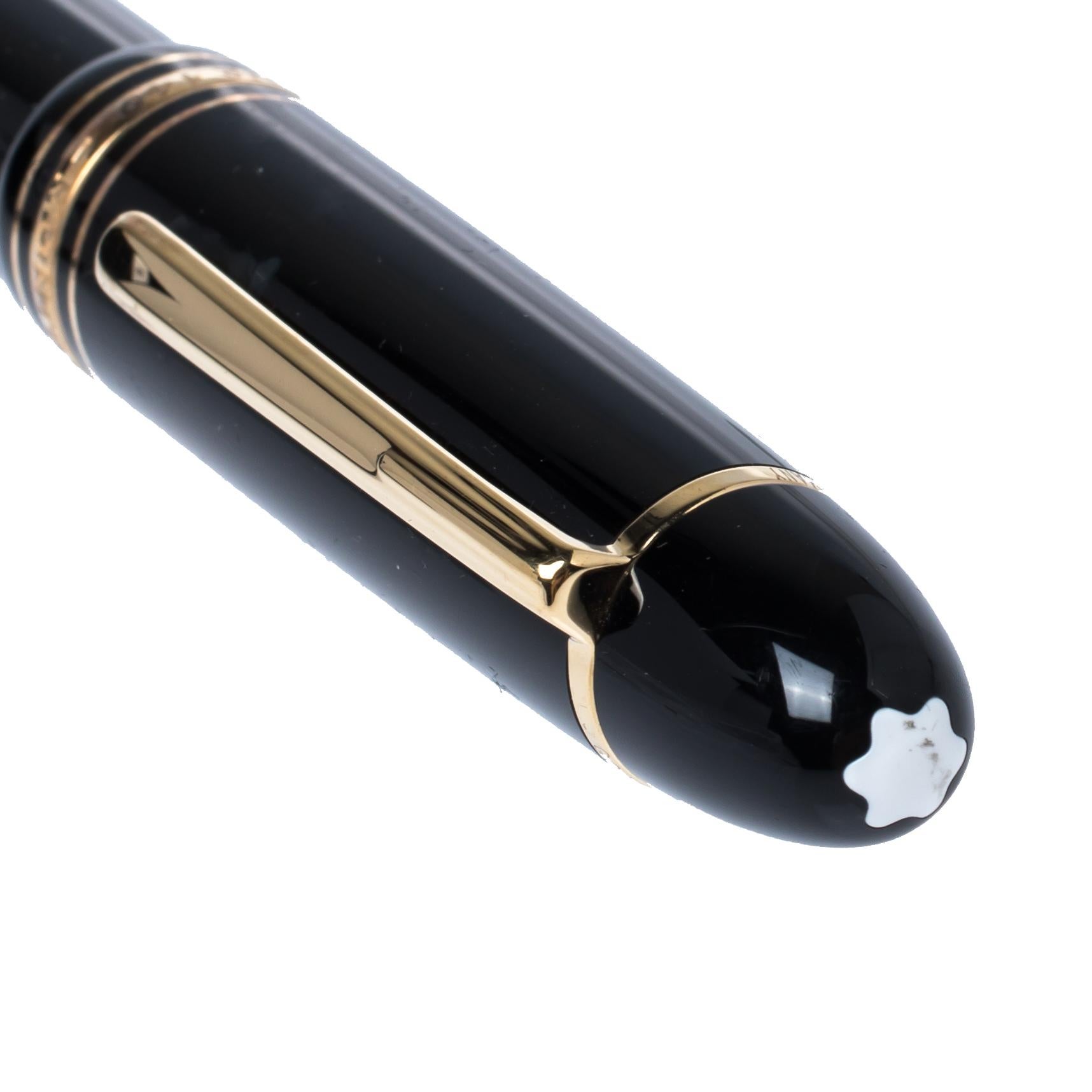 This Montblanc Meisterstruck fountain pen is crafted from famous black precious resin with gold-tone details. The pen comes with the iconic star emblem at the top of the cap and an 18k gold nib. The pen is complete with signature engravings on the