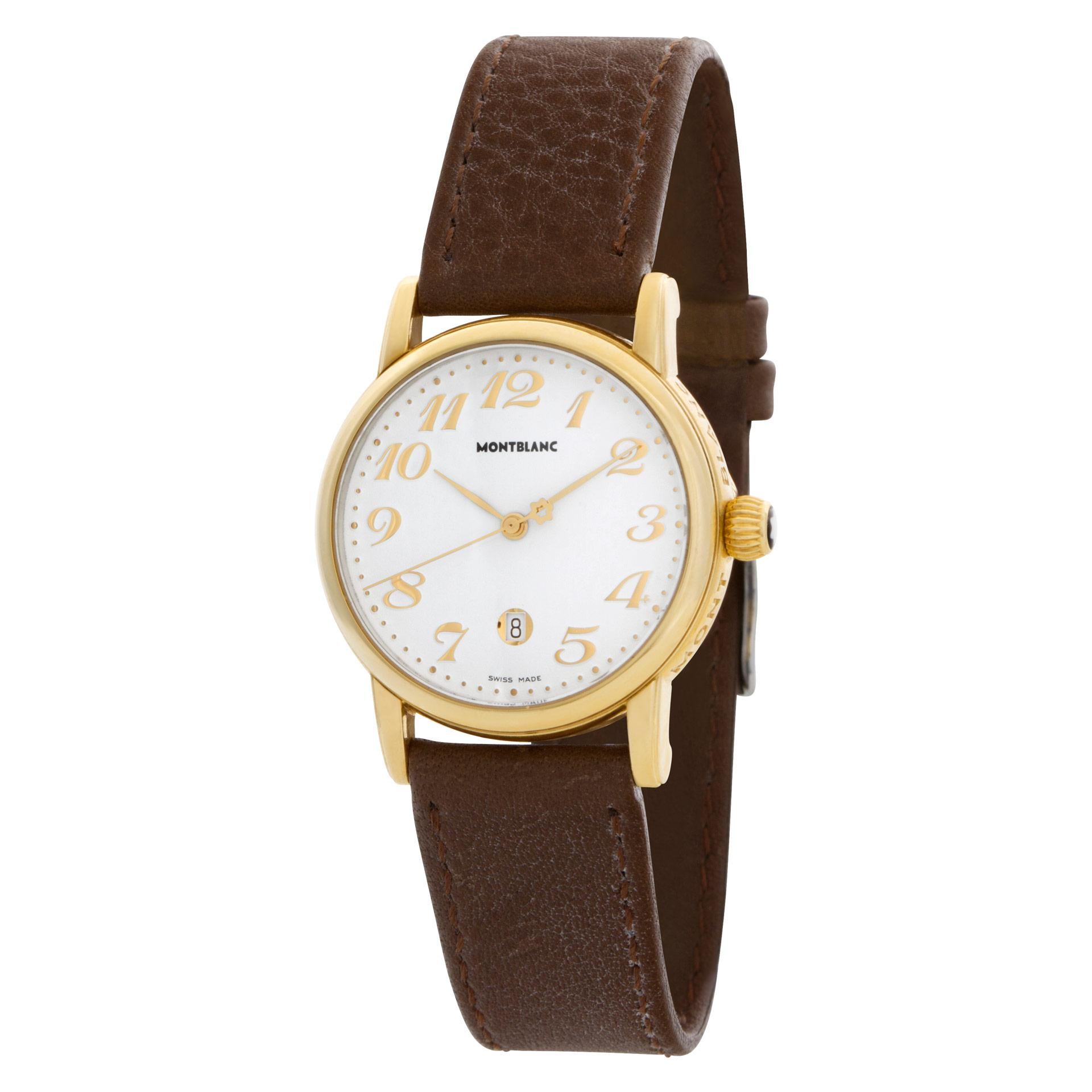 MontBlanc Meisterstuck watch in 18k on leather strap. Quartz w/ sweep seconds and date. 31 mm case size. Ref 7008. Fine Pre-owned MontBlanc Watch.   Certified preowned Classic MontBlanc Meisterstuck 7008 watch is made out of yellow gold on a Brown