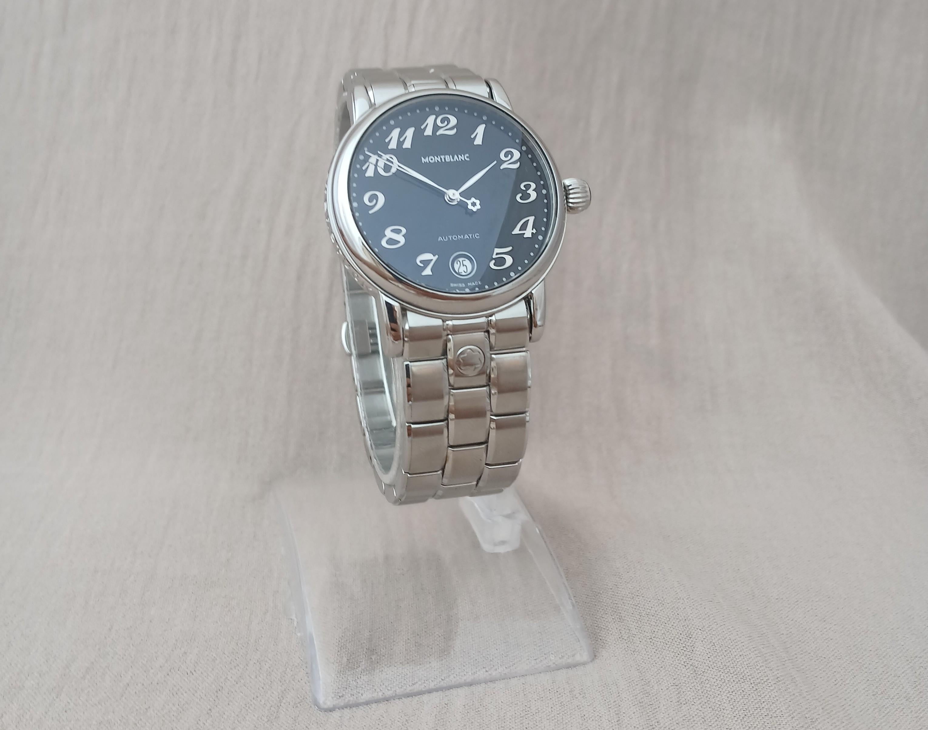 
 Descripción
Marca : MONTBLANC

Model No: Meisterstuck

Número de referencia: 7019

País de fabricación: Suiza

Movimiento: Automático

Material de la caja: Acero inoxidable

Medidas : Anchura de la caja: 36 mm. (sin corona)

Tipo de banda : Acero