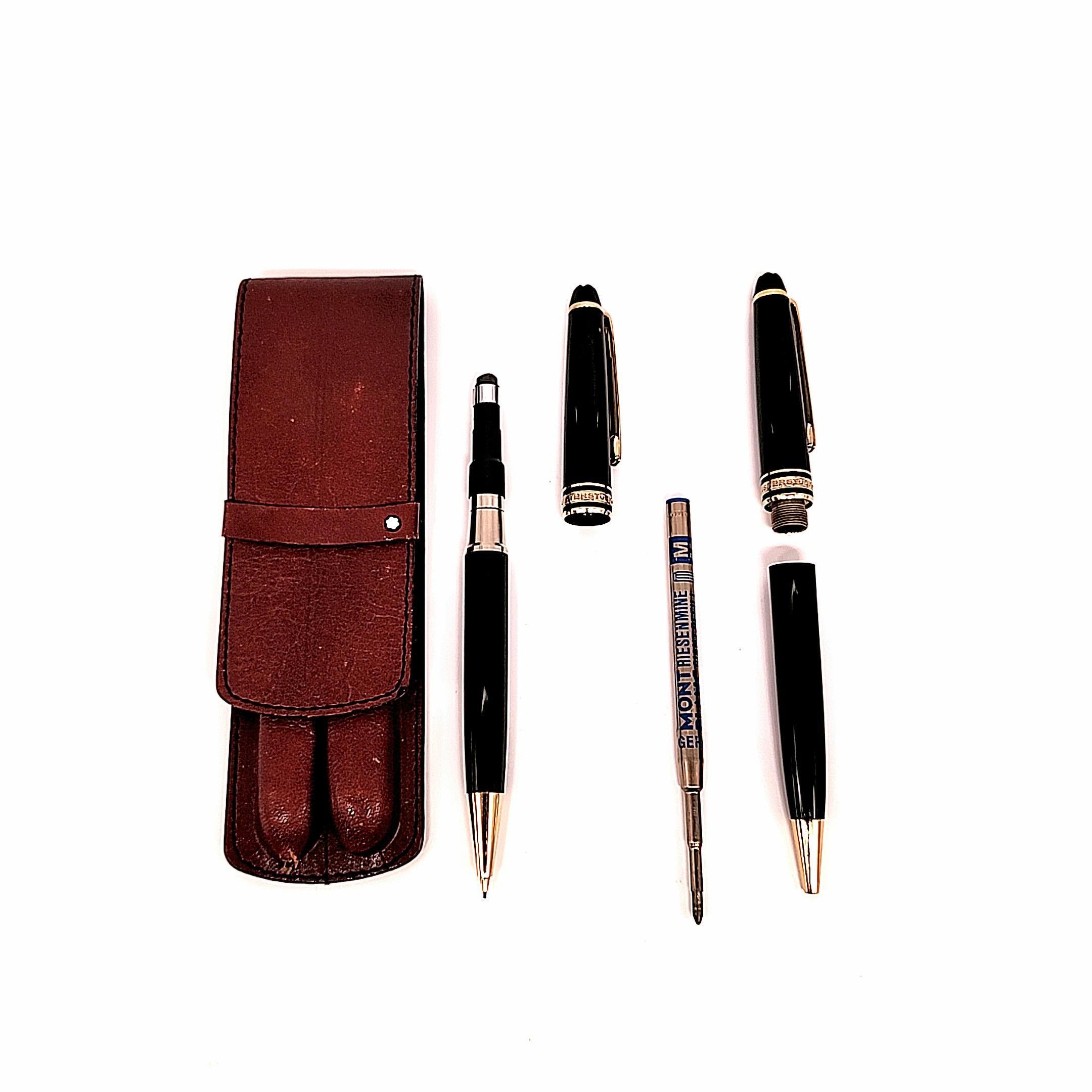 Taglio rotondo Set di penne a sfera e matite Montblanc Meisterstuck con astuccio in pelle