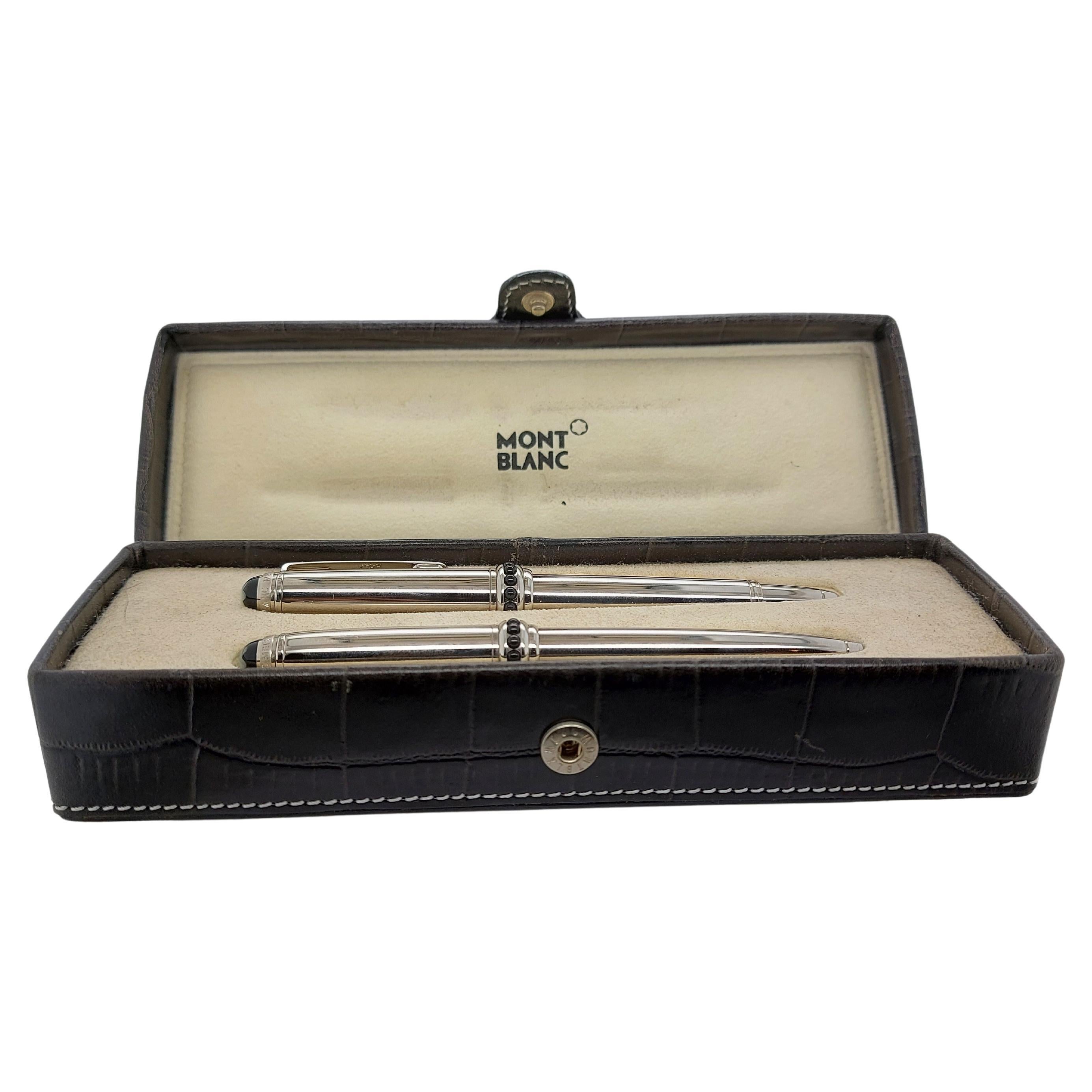 Stainless Steel Limited Edition Montblanc Meisterstück Ballpoint Pen & Fountain Pen With Montblanc Box 

Very small production ! Collectable ! Never used, from Collector.
These are the small size like the Mozart ! 10.7 cm ballpoint length and 11.3