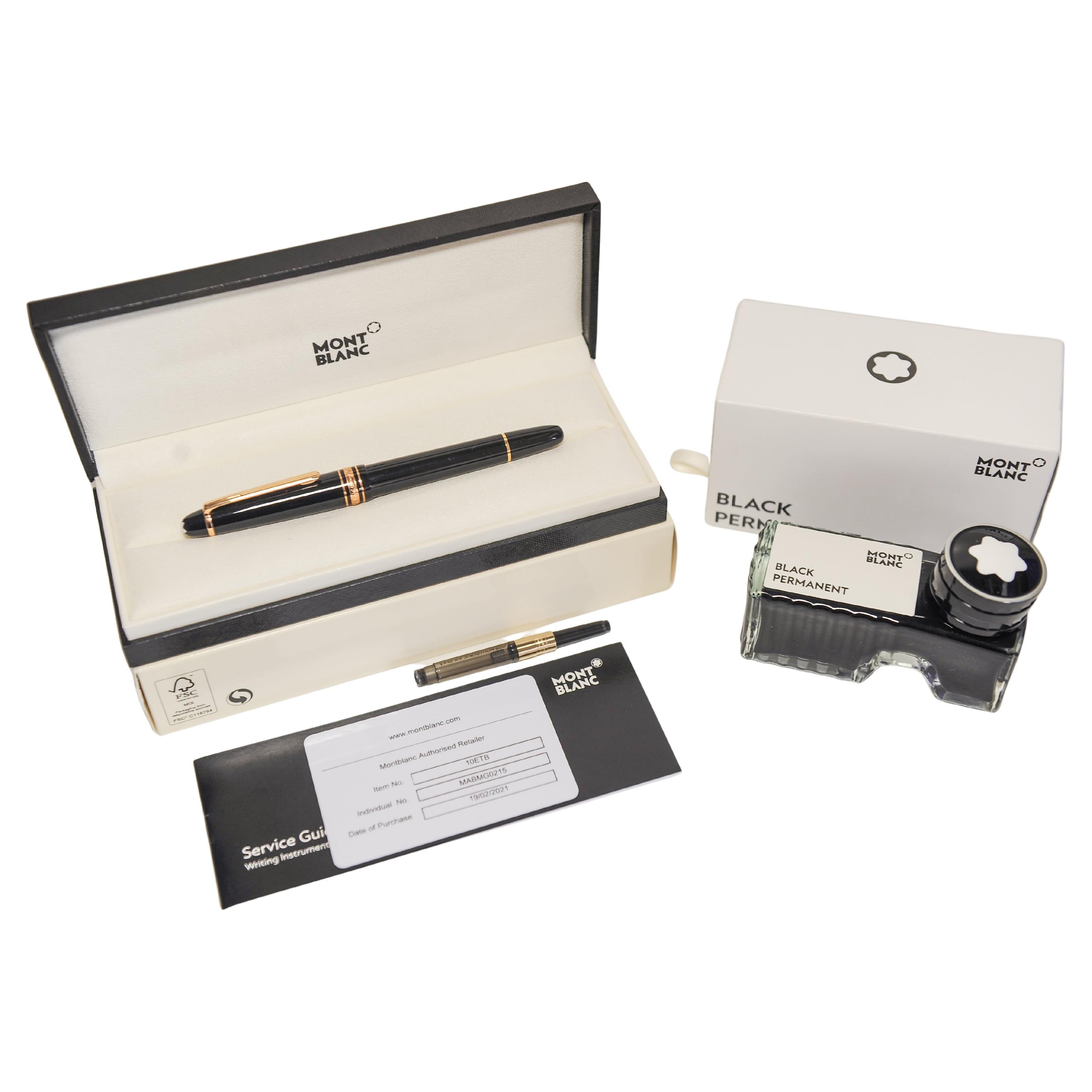 Montblanc Fountain Pen Set.

A Montblanc Meisterstück Black Fountain Pen With Original Box & Paperwork.

Sold With and A Glass Black Inkwell With Permanent Black Ink In Original Cardboard Box 

Ref 10ETB 
Individual ref MABMG0215 
Purchases