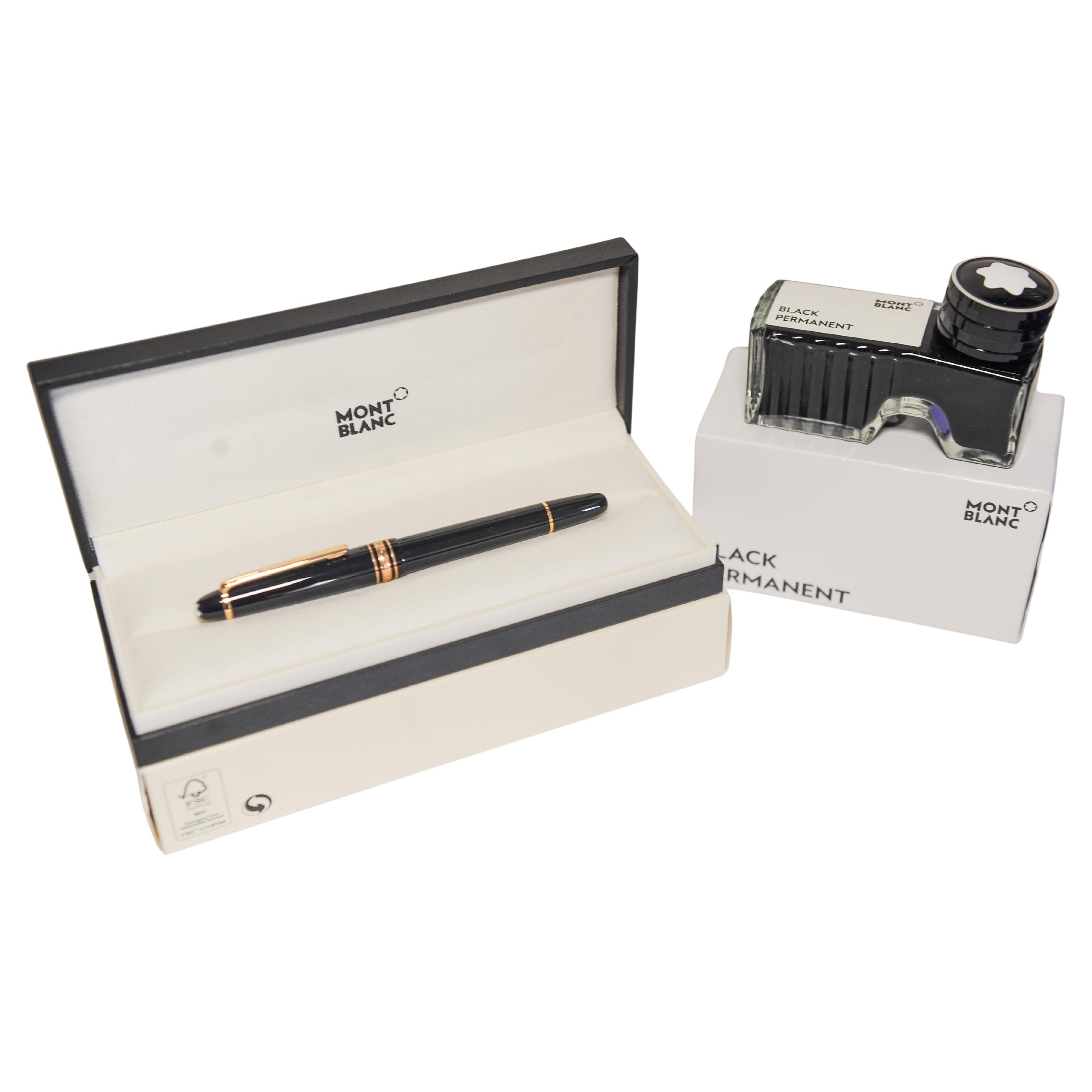 Art Deco Montblanc Meisterstück Black Fountain Pen With Original Box, Inkwell & Paperwork For Sale