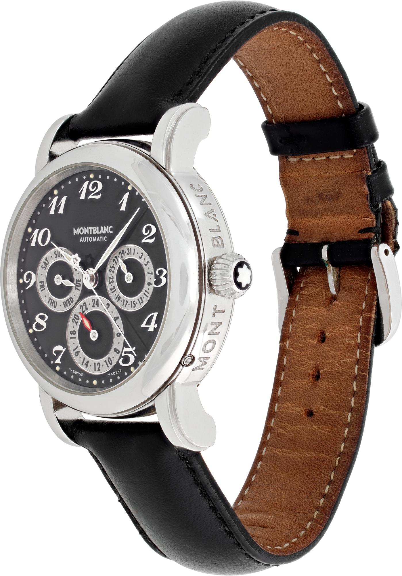 Montblanc Meisterstück dual time gmt full calendar in stainless steel on an original Montblanc black leather strap. Auto w/ date, day and dual time. 38 mm case size. Ref 7018. Fine Pre-owned MontBlanc Watch.

 Certified preowned Sport MontBlanc