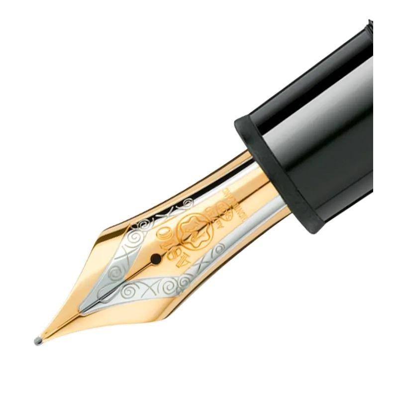 Features Clip
Gold-coated clip with individual serial number
Barrel
Black precious resin
Cap
Black precious resin inlaid with Montblanc emblem
Nib
Hand-crafted Au750 / 18 K gold nib with rhodium-coated inlay
Type
Fountain pen.
115384