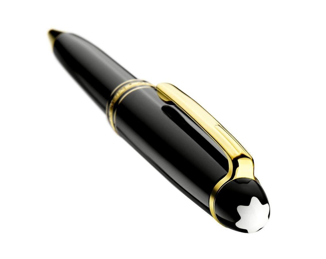 Ballpoint pen with twist mechanism. Medium point. Gold-plated rings and clip. Barrel and cap of black precious resin. Black resin cap with white Montblanc star. 
10883
