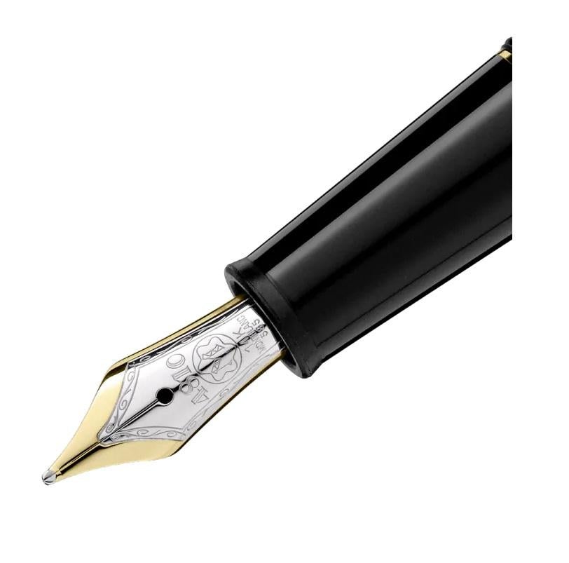 This authentic Montblanc Meisterstuck fountain pen is made of black precious resin with gold-plated details, a 14 kt gold nib, and the Montblanc floating star emblem. Nib: M
106514
