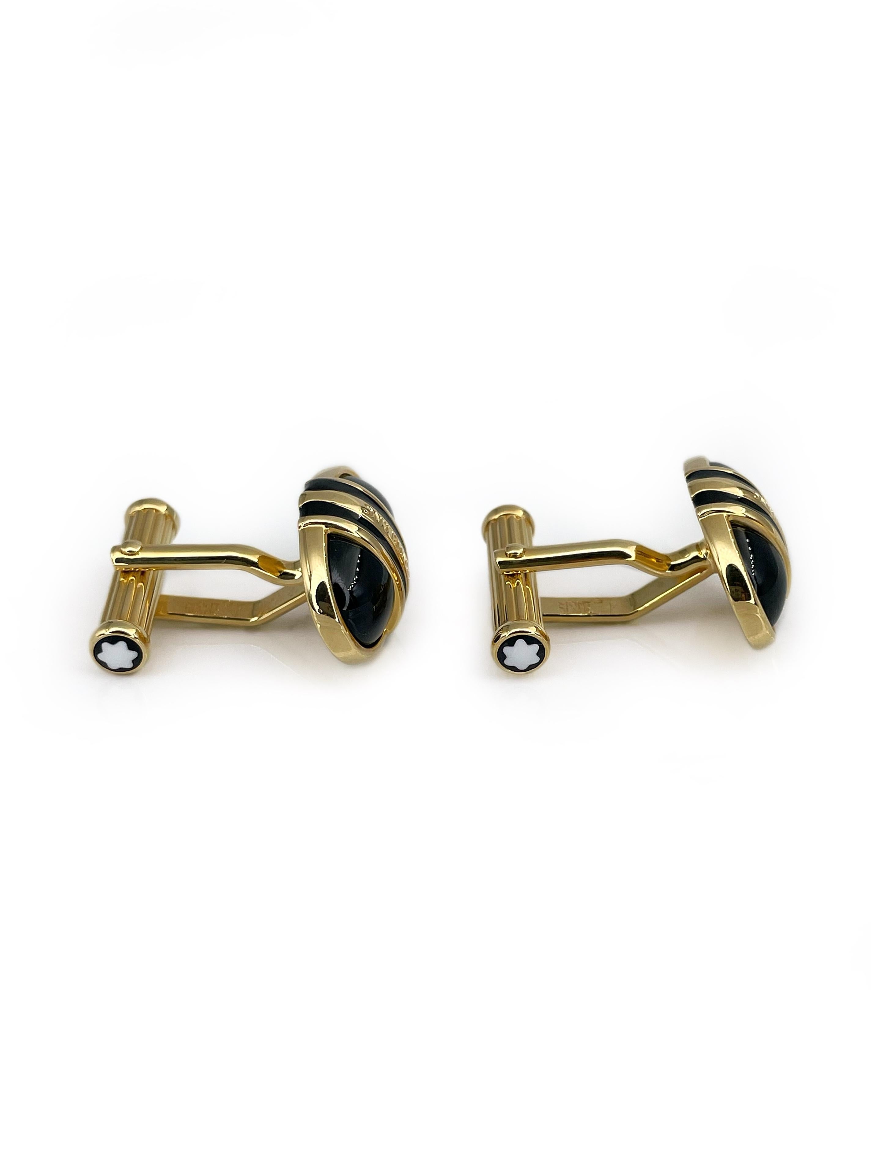 This is a classic pair of oval cufflinks designed by Montblanc in 2000’s. The piece is gold plated. It features faux black onyx labelled with brand signature. The cufflinks fasten with a T-bar. 

Signed: “Mont Blanc. Germany”

Perfect gift for a